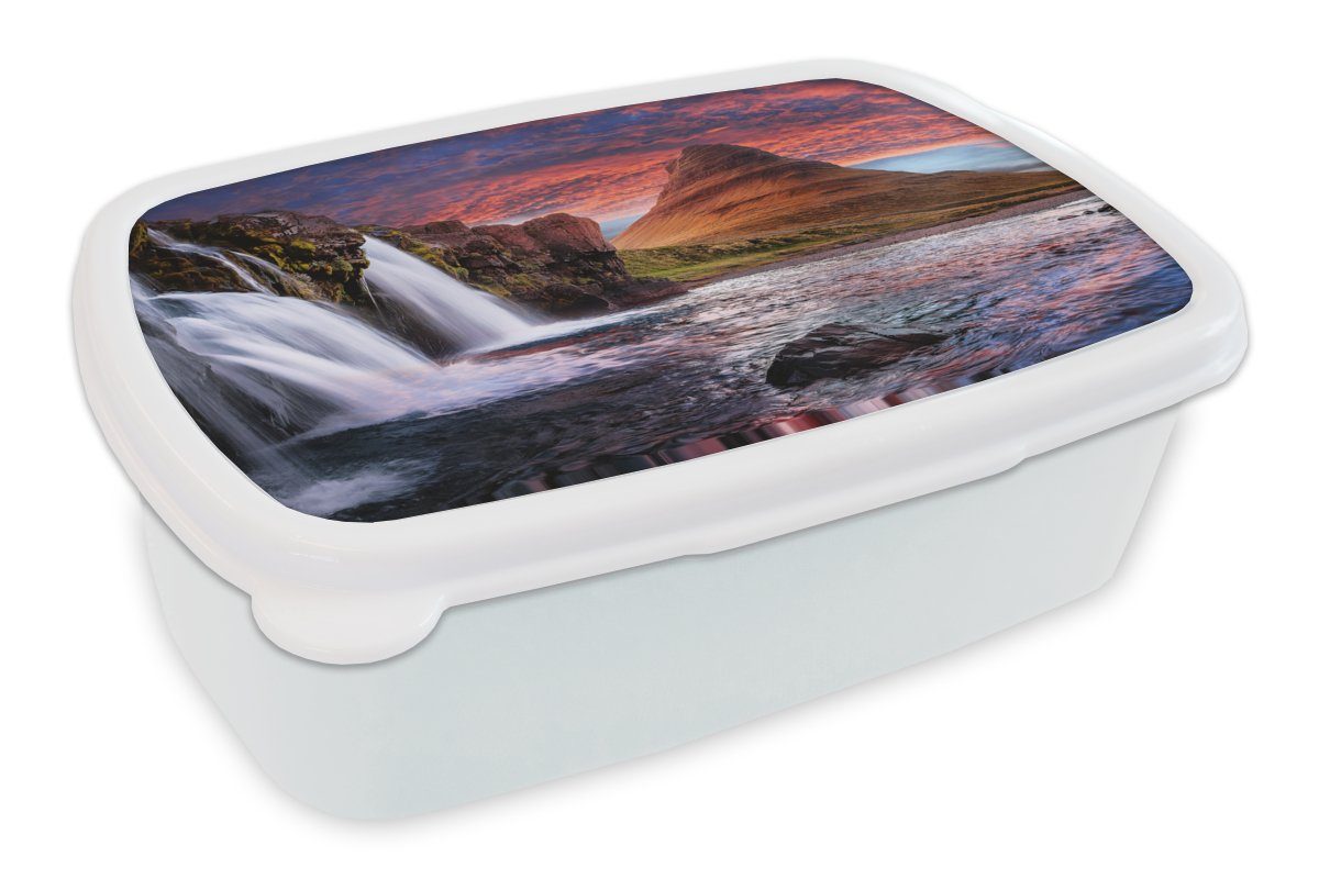 MuchoWow Lunchbox Wasserfall - Berg - Wolken - Rosa - Landschaft, Kunststoff, (2-tlg), Brotbox für Kinder und Erwachsene, Brotdose, für Jungs und Mädchen weiß