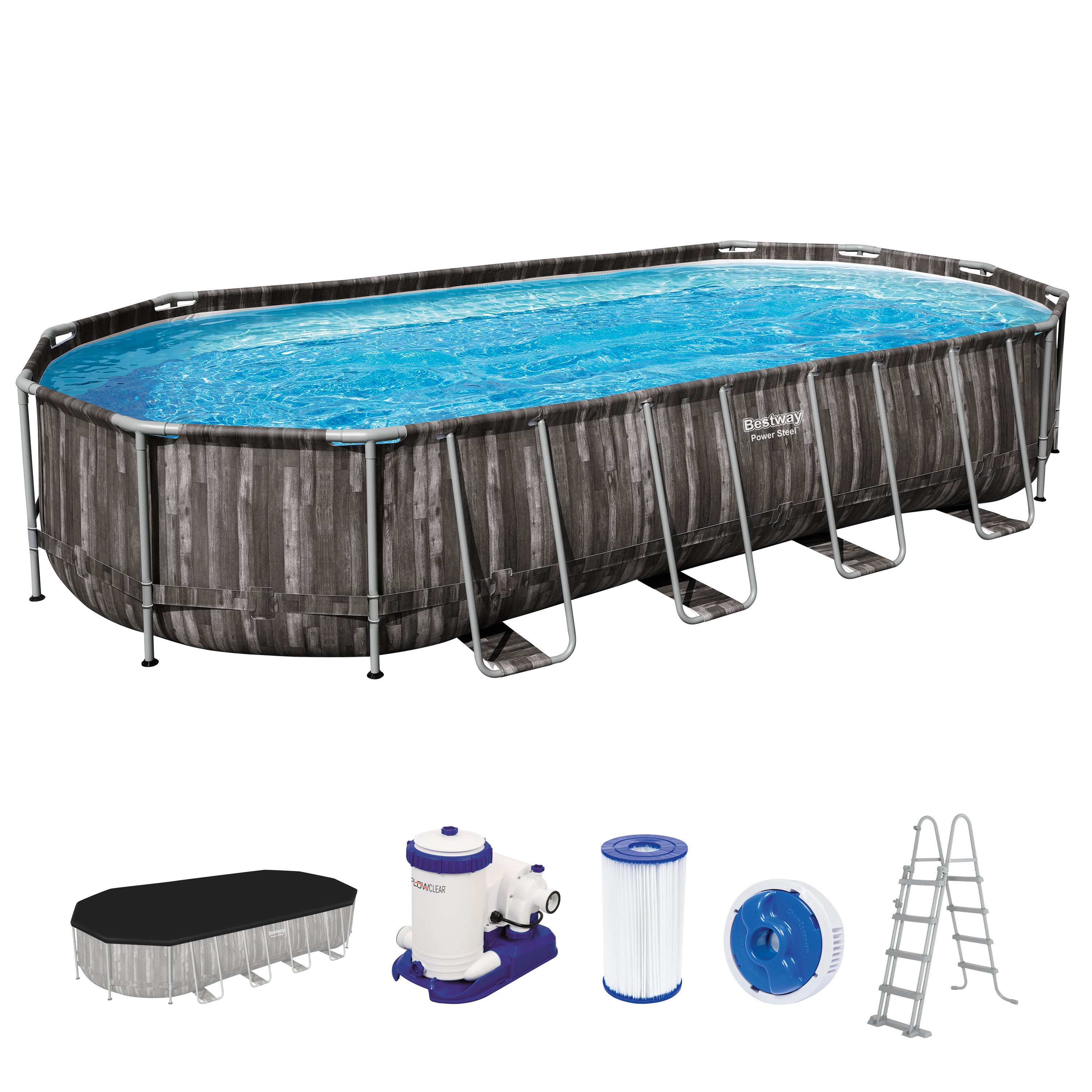 Bestway Framepool Power Steel™ (Set, mit Filterpumpe 732 x 366 x 122 cm, Holz-Optik (Mooreiche), oval), Einfacher Aufbau ohne Werkzeug möglich
