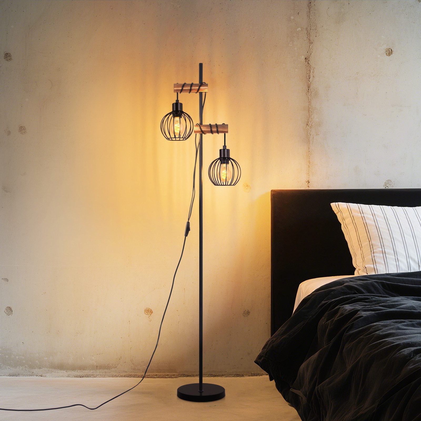 ZMH Stehlampe Wohnzimmer Holz Retro 1/2/3-flammig Stehleuchte E27 Schlafzimmer, Vintage-Standleuchte mit Metall-Käfigschirm, ohne Leuchtmittel, Metall & Holz,Lä – Bild 4 von 5