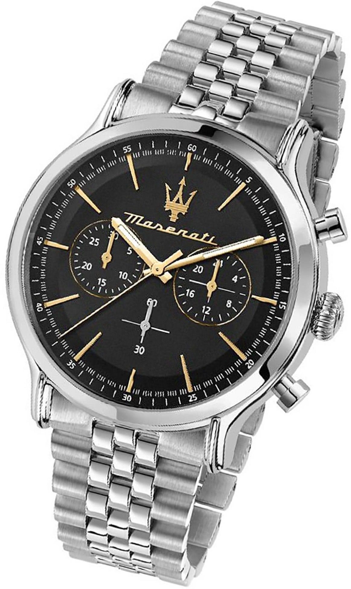 MASERATI Chronograph Maserati Edelstahl Armband-Uhr, Herrenuhr  Edelstahlarmband, rundes Gehäuse, groß (ca. 42mm) schwarz