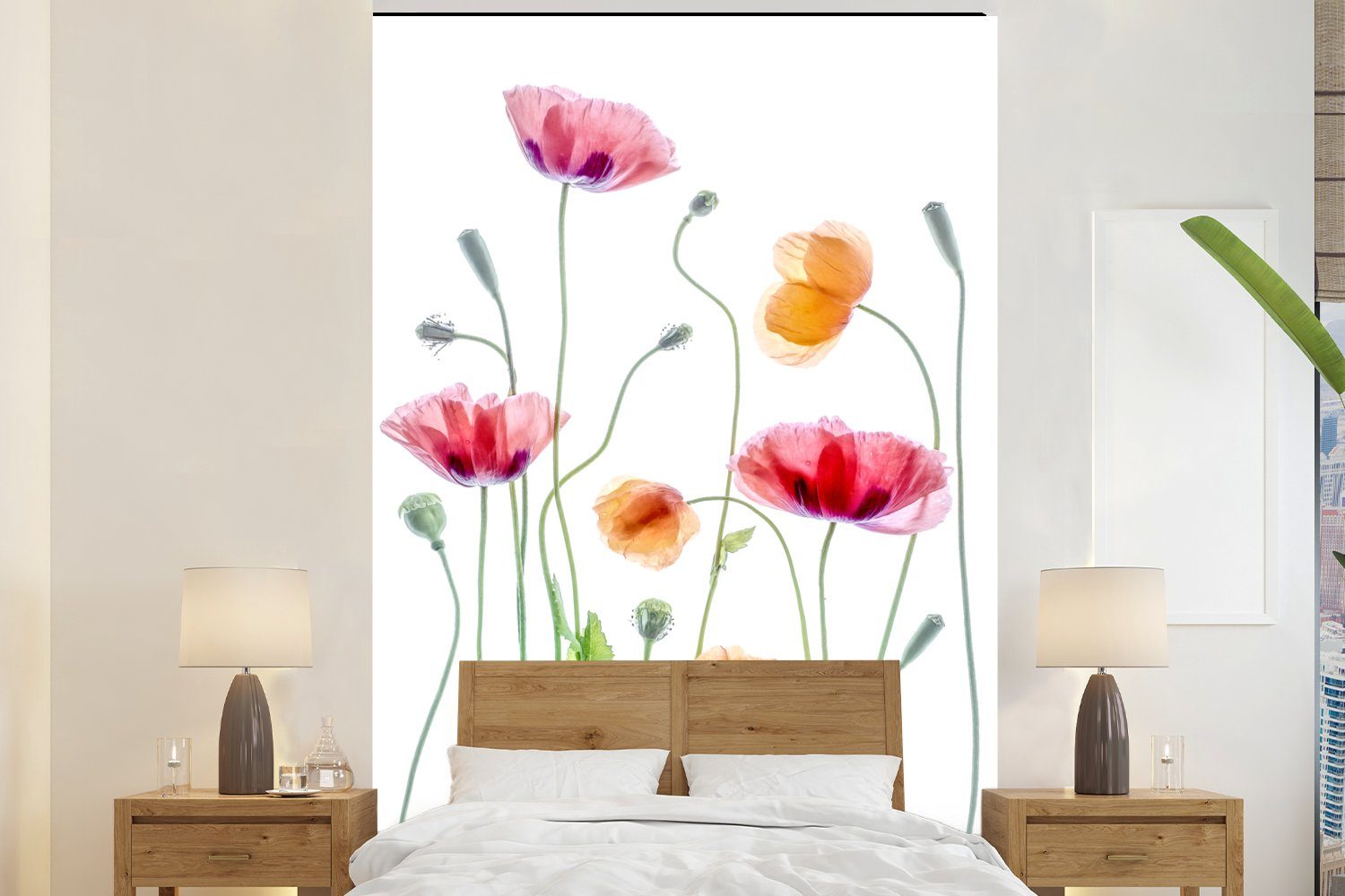 Weiß, Wohnzimmer, Fototapete MuchoWow Mohn Wandtapete für Matt, St), - - Montagefertig bedruckt, Vinyl Frühling Tapete Blumen (3 -