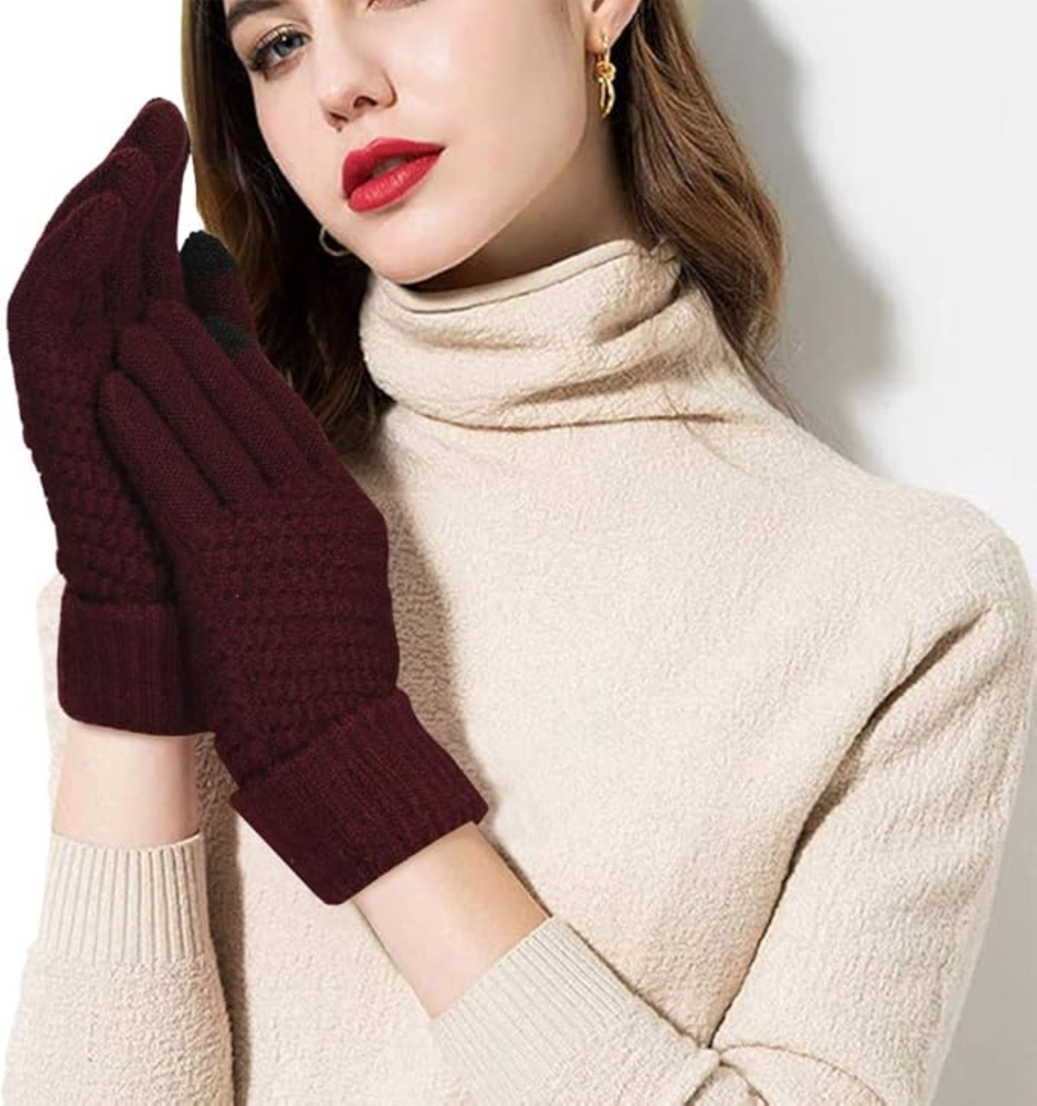 LA CUTE Strickhandschuhe Winterhandschuhe Strick warm Touchscreenfähig Outdoor & Alltag Rot (Winterhandschuh-Set mit Touch-Funktion & Isolierung, 1 Paar Damenhandschuhe – ideal für kalte Wintertage) Touchscreen-fähig & winddicht – ideal für Outdoor im Winter