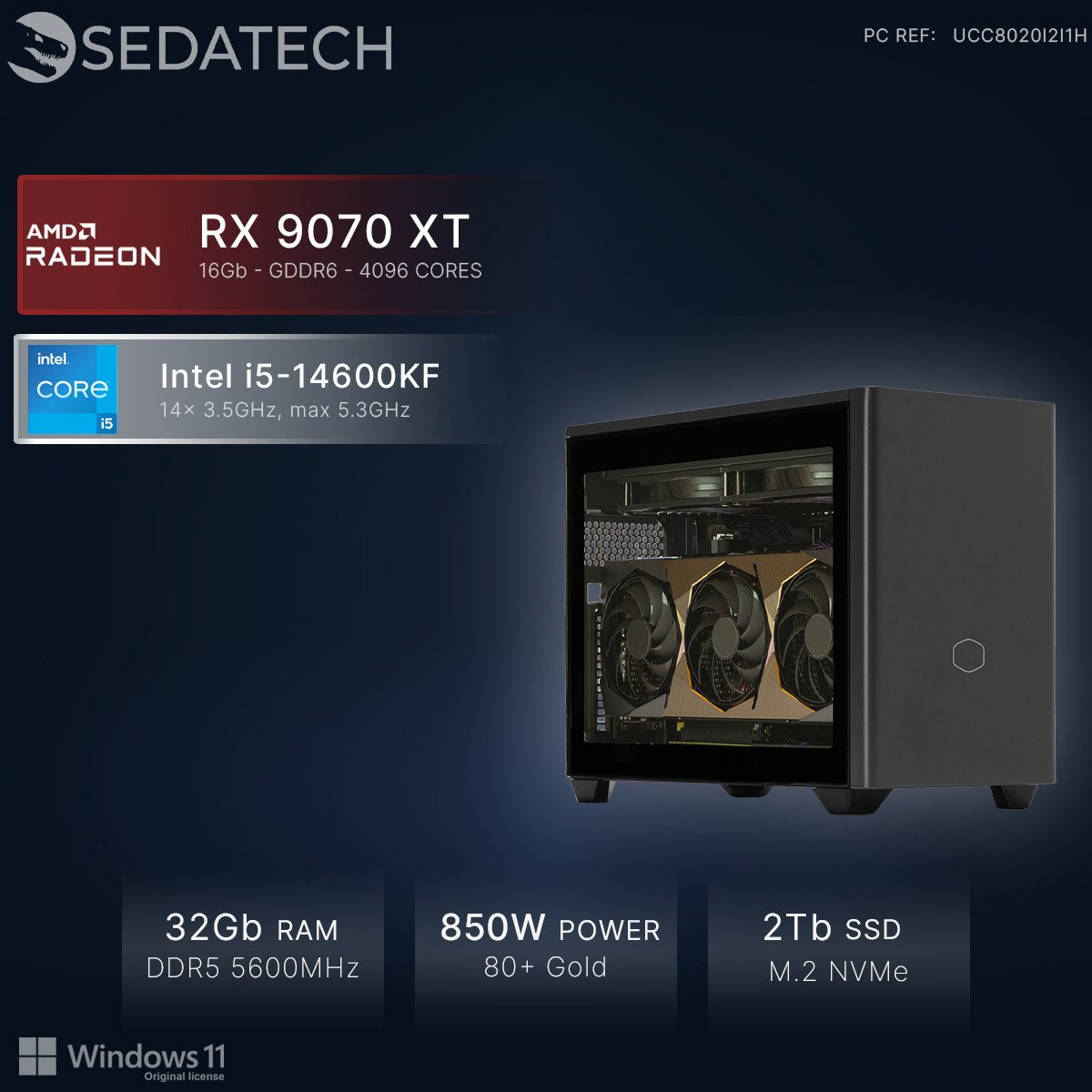 Sedatech UCC8020I2I1HF - Watercooling Workstation Mini-PC (Intel Core i5 14600KF 14x 3.5GHz (max 5.3GHz), Radeon RX 9070 XT 16GB, 32 GB RAM, 2000 GB SSD, Watercooling, Wlan 6E)