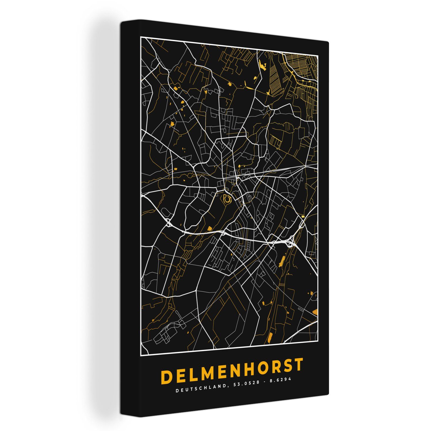 OneMillionCanvasses® Leinwandbild Delmenhorst - Gold - Stadtplan - Karte - Deutschland, (1 St), Leinwandbild fertig bespannt inkl. Zackenaufhänger, Gemälde, 20x30 cm