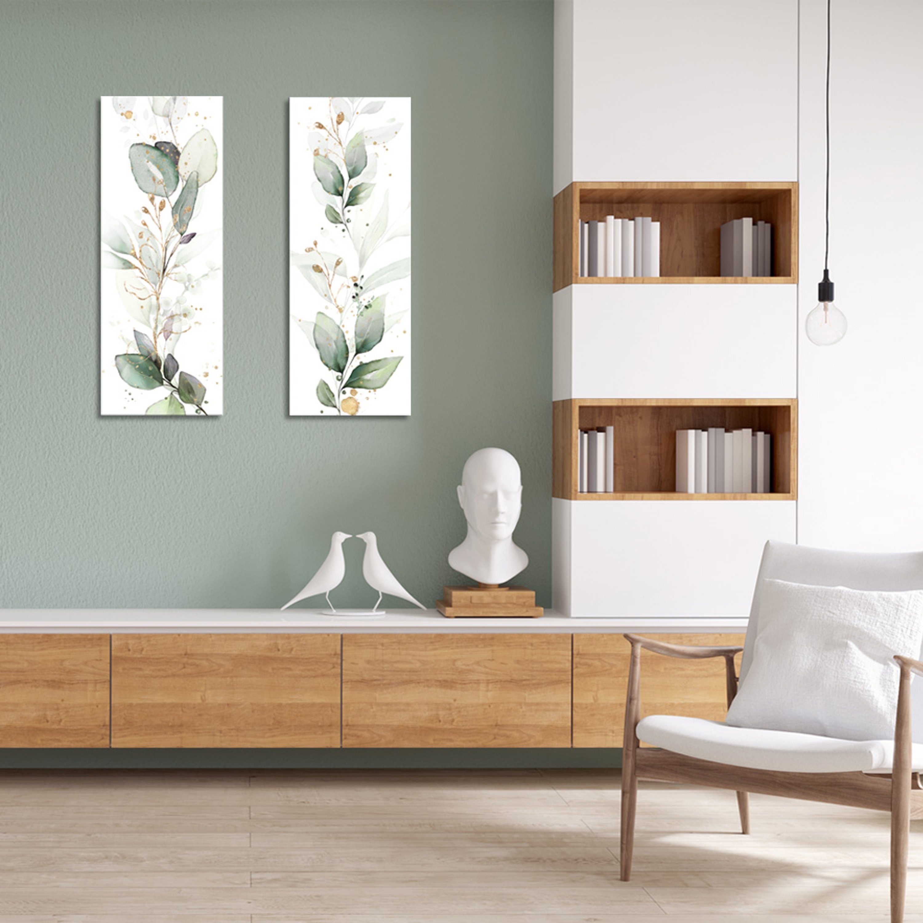 : Natur Zweige Aquarell-Malerei Glasbild aus und Pastell-Grün, Glas Eukalyptus Pflanzen artissimo Bild Glasbild I 30x80cm