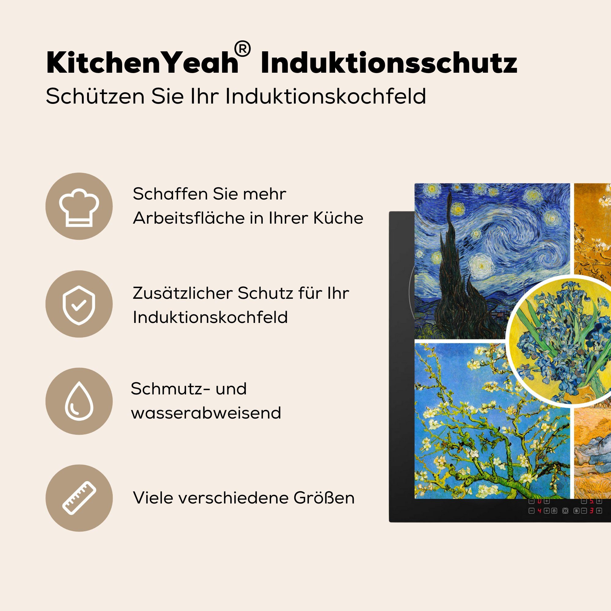 Collage Herdblende-/Abdeckplatte - Gogh Van tlg), 78x78 (1 küche Vinyl, - cm, Ceranfeldabdeckung, MuchoWow Sternennacht, Arbeitsplatte für