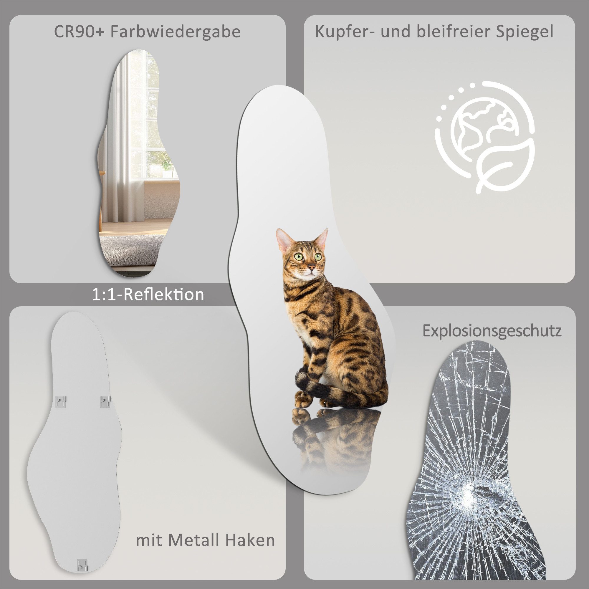 WDWRITTI Spiegel groß für Hotel Friseurladen Hairsalon Beauty Studio Wohnzimmer (Dekospiegel Friseurspiegel Ganzkörperspiegel mit / ohne LED Beleuchtung, 1-St., 180x80, 165x65, 165x60, 145x60cm), Oval, Bogen, asymmetrisch, Frauenfigur, Wassertropfen, Rechteckig