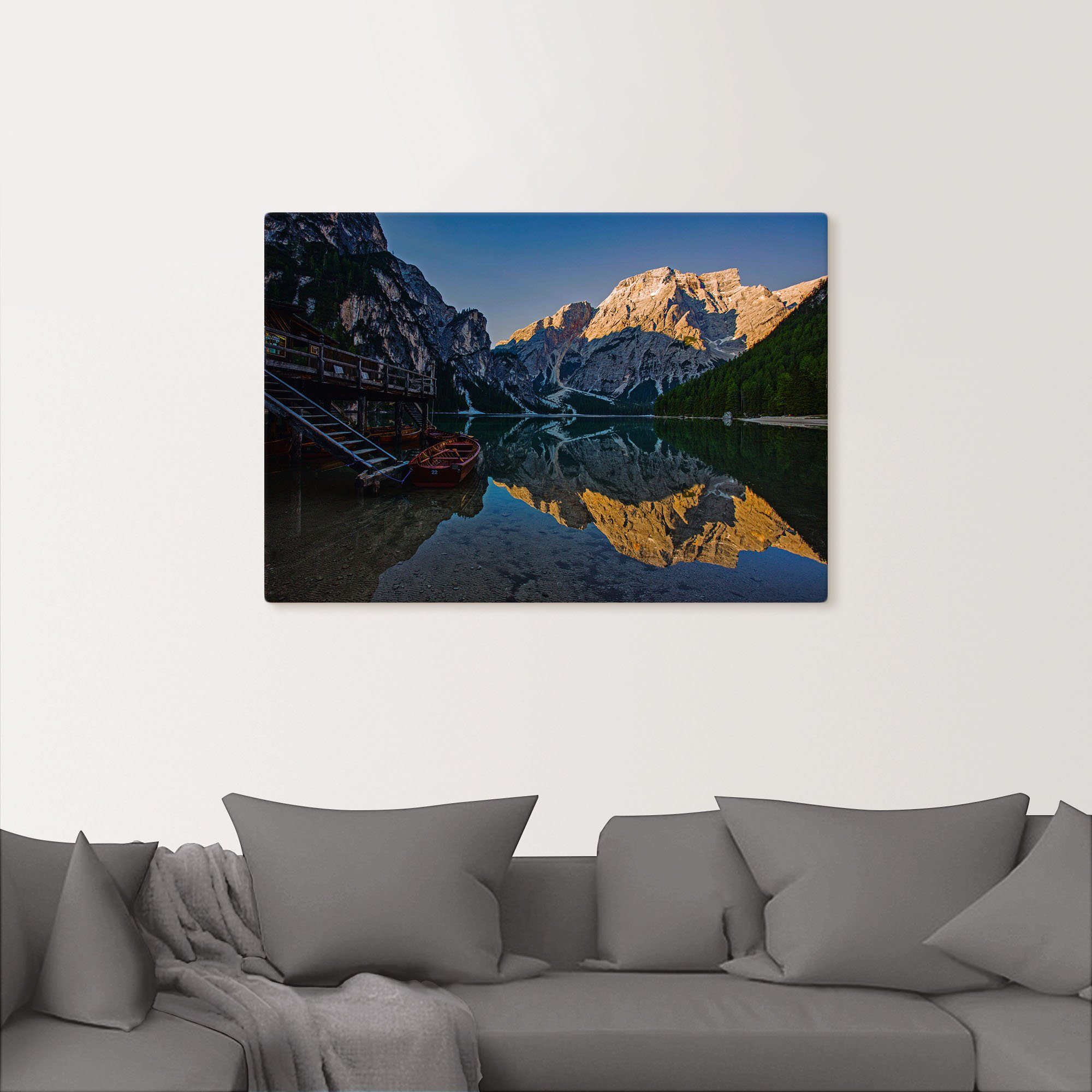 Berge Wildsee, Pragser & am St), in (1 als Alubild, Wandaufkleber Größen Artland versch. oder Alpenbilder Poster Leinwandbild, Morgens Wandbild
