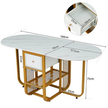 Flieks Esstisch (ovale Tischplatte, 1-St), klappbarer Küchentisch mit Schubladen ausziehbar 45-160cm