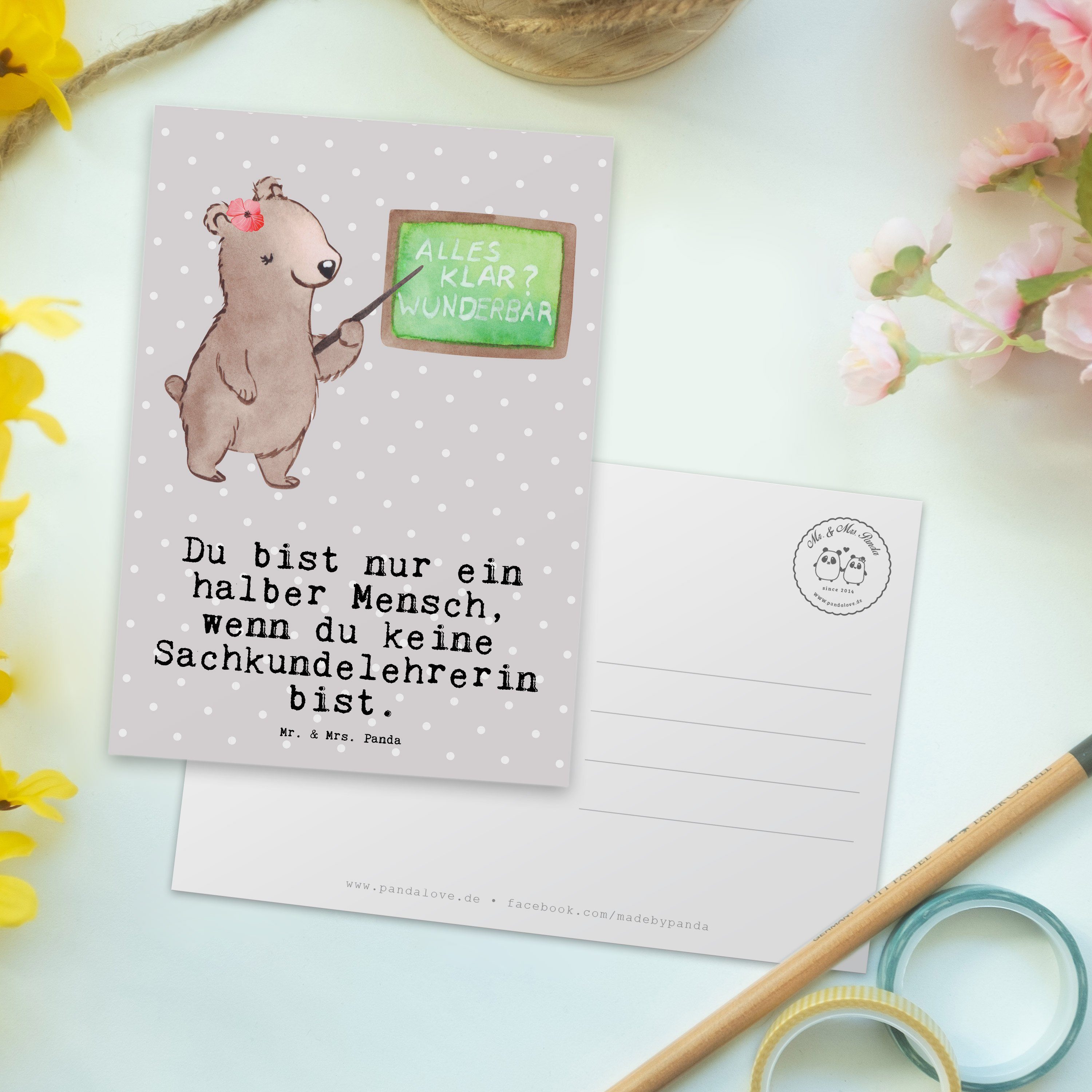 Mr. Sachkundelehrerin Panda Pastell Geschenk, Herz - - mit Postkarte & Grau Einladungskarte Mrs.