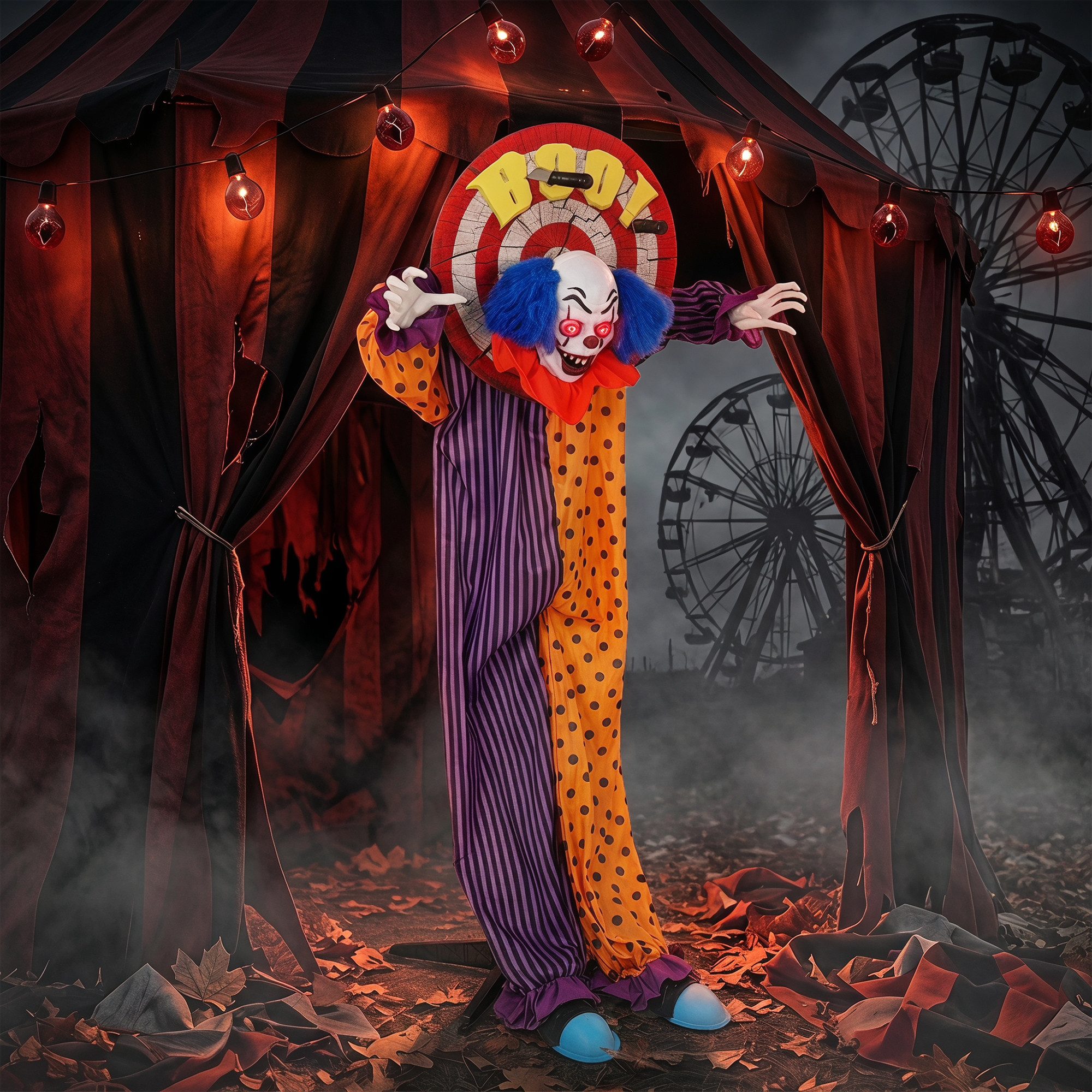 HOMCOM Dekofigur Halloween Zirkusclown Dekoration (Set, 1 St., 1-tlg), Animiert, 180°-Kopfdrehung, LED-Augen