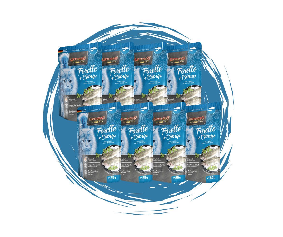 Leonardo Catfood Leonardo Frischebeutel Bundle - 8x85g verschiedene Sorten im Mixpaket Forelle & Catnip, Nassfutter für: Katzen von Leonardo Catfood