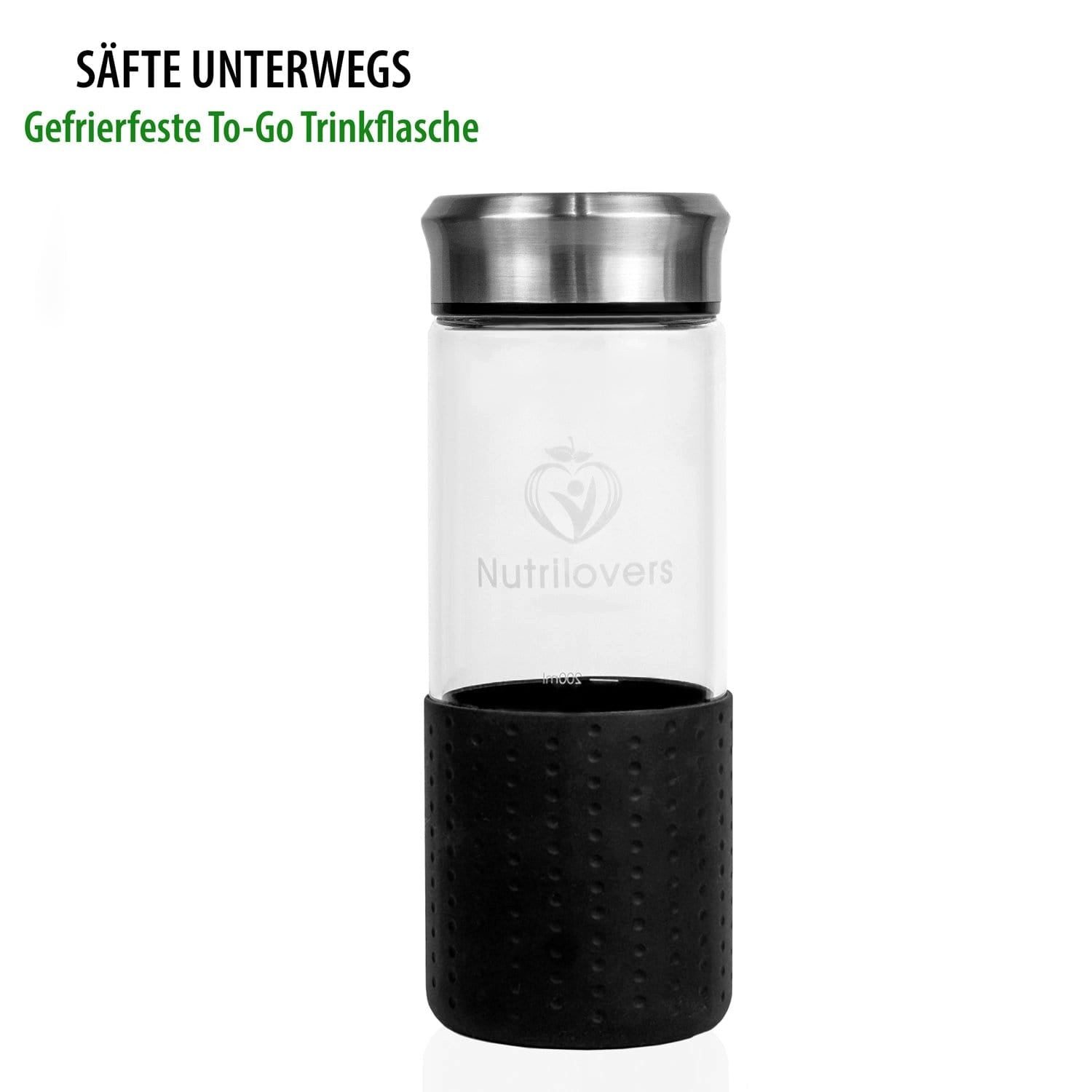 Nutrilovers Trinkflasche Glas Trinkflasche ICE - Robust & Sicher - Für Säfte & Smoothies, Gefrierfeste, BPA-freie Borosilikatglasflasche 450 ml