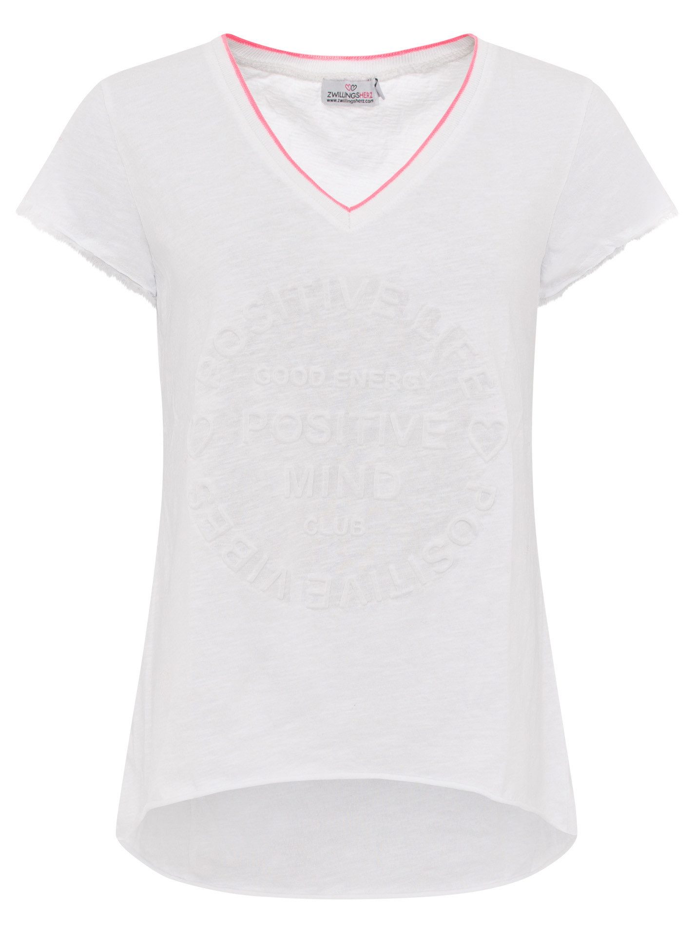 Zwillingsherz Kurzarmshirt "Positive Mind Neonkante" ausgefranste Kanten, V-Ausschnitt mit Neonkante, kurzarm, Stempeldruck