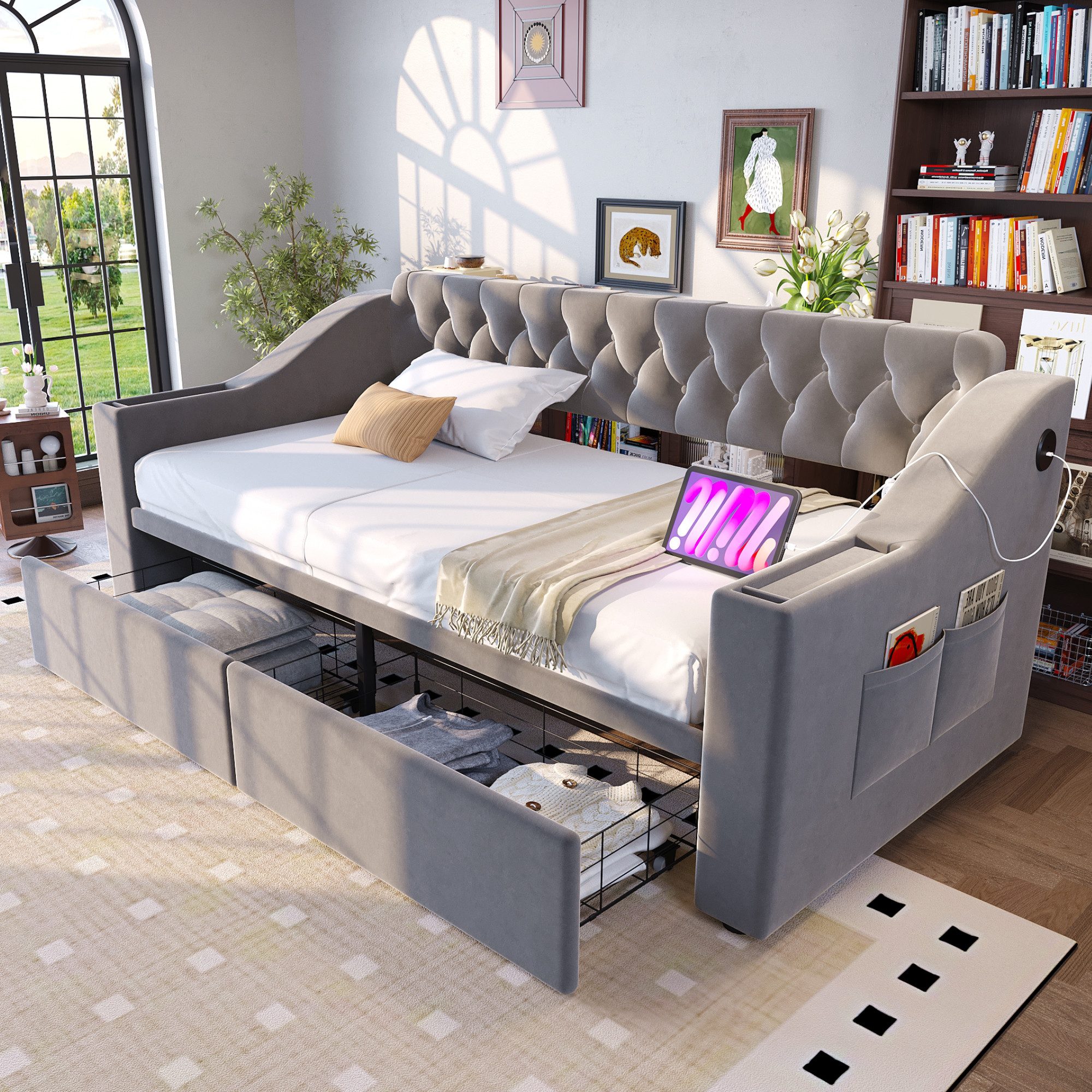 Merax Daybett 90x190cm mit USB-Ladeanschluss und Metallrahmen (Sofabett Jug günstig online kaufen