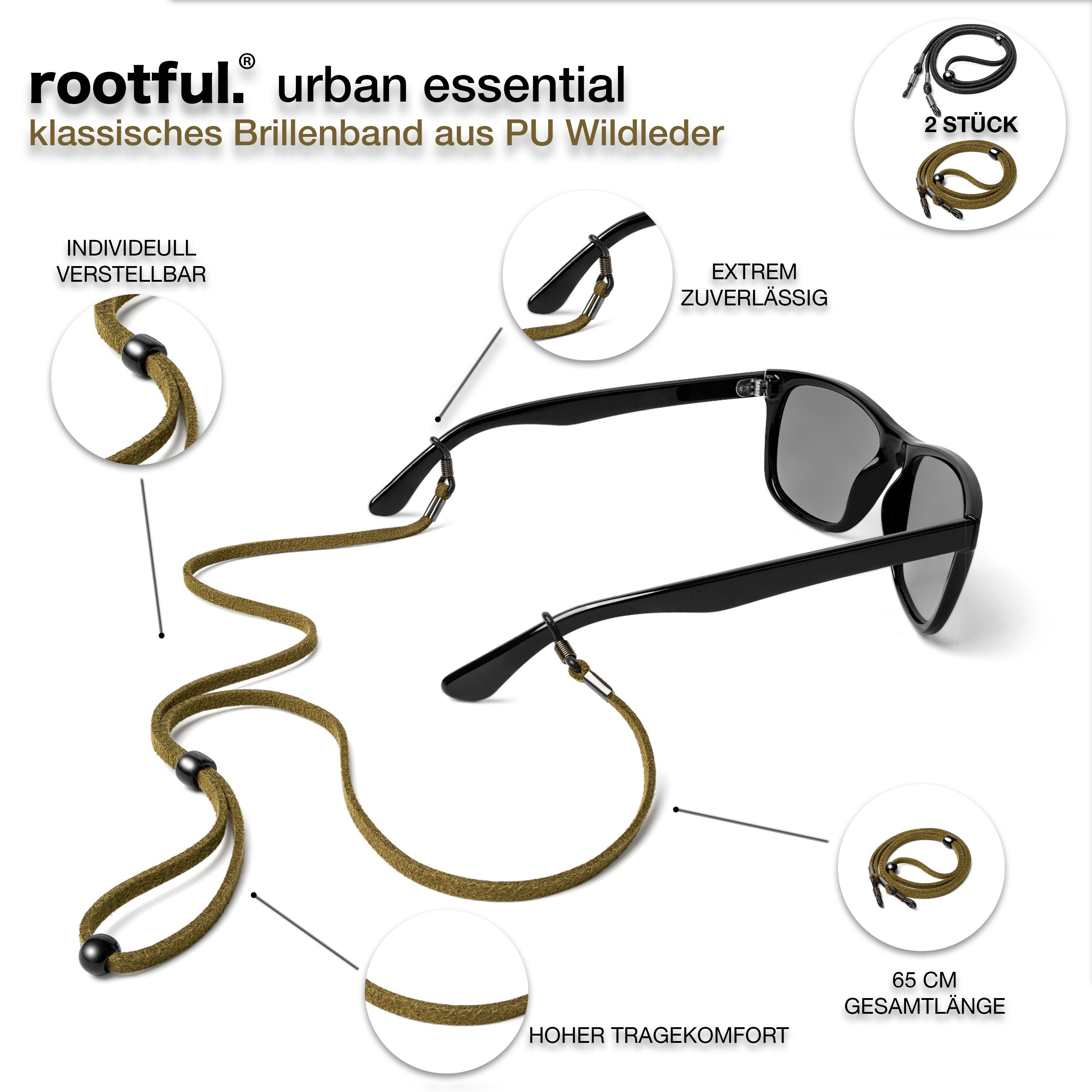 rootful. Brillenband rootful.® 2er aus grün - Mikrofaserputztuch Pack (Wildleder) urban und Leder inklusive Mikrofaserbeutel Brillenkette, Brillenband