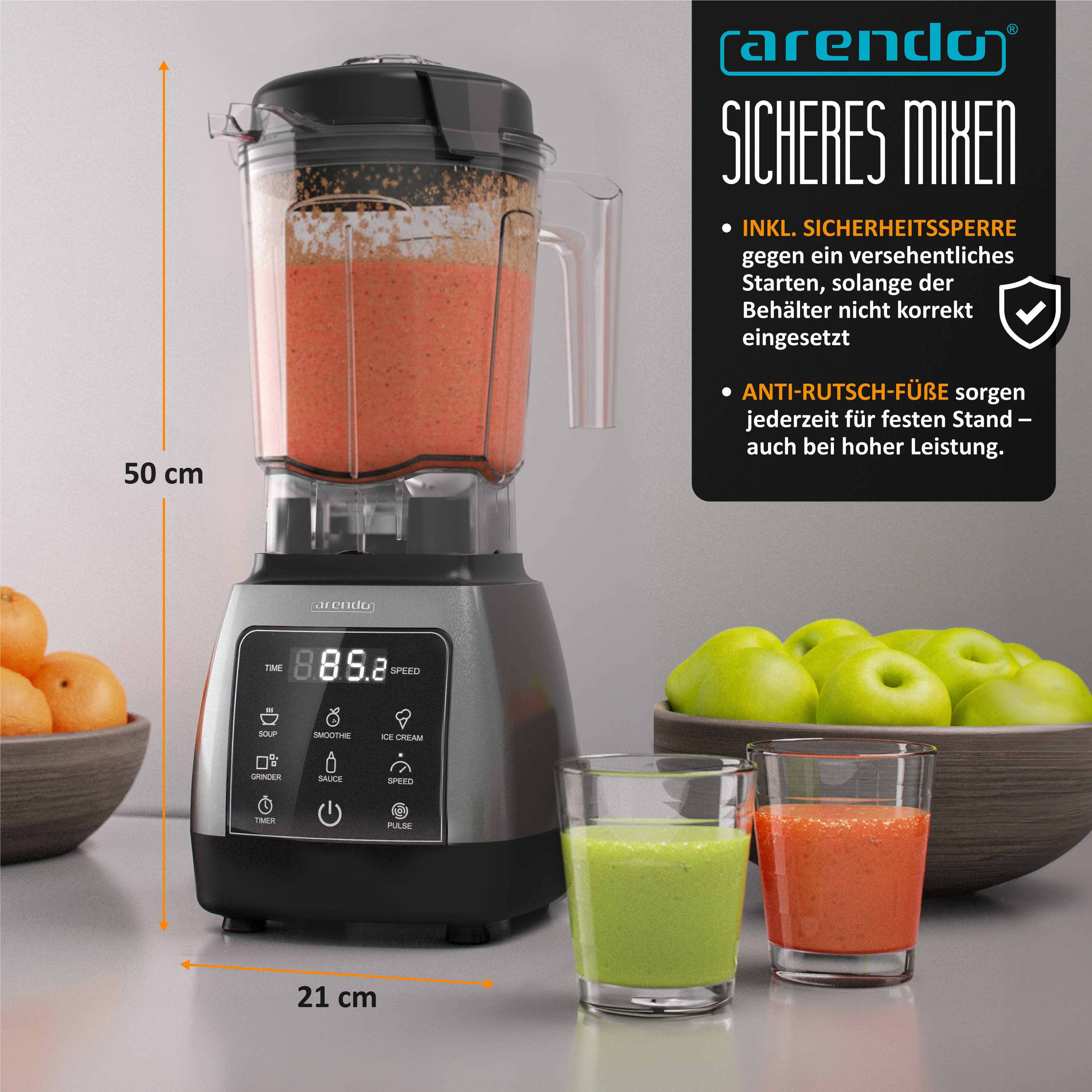Arendo Standmixer Hochleistungsmixer 2000W, Touchpanel, max. 24.000 U/min, 2L Behälter, 2000 W, Smoothie Maker, Blender, 5 Programme, Timer, Mixer mit Display – Bild 4 von 5