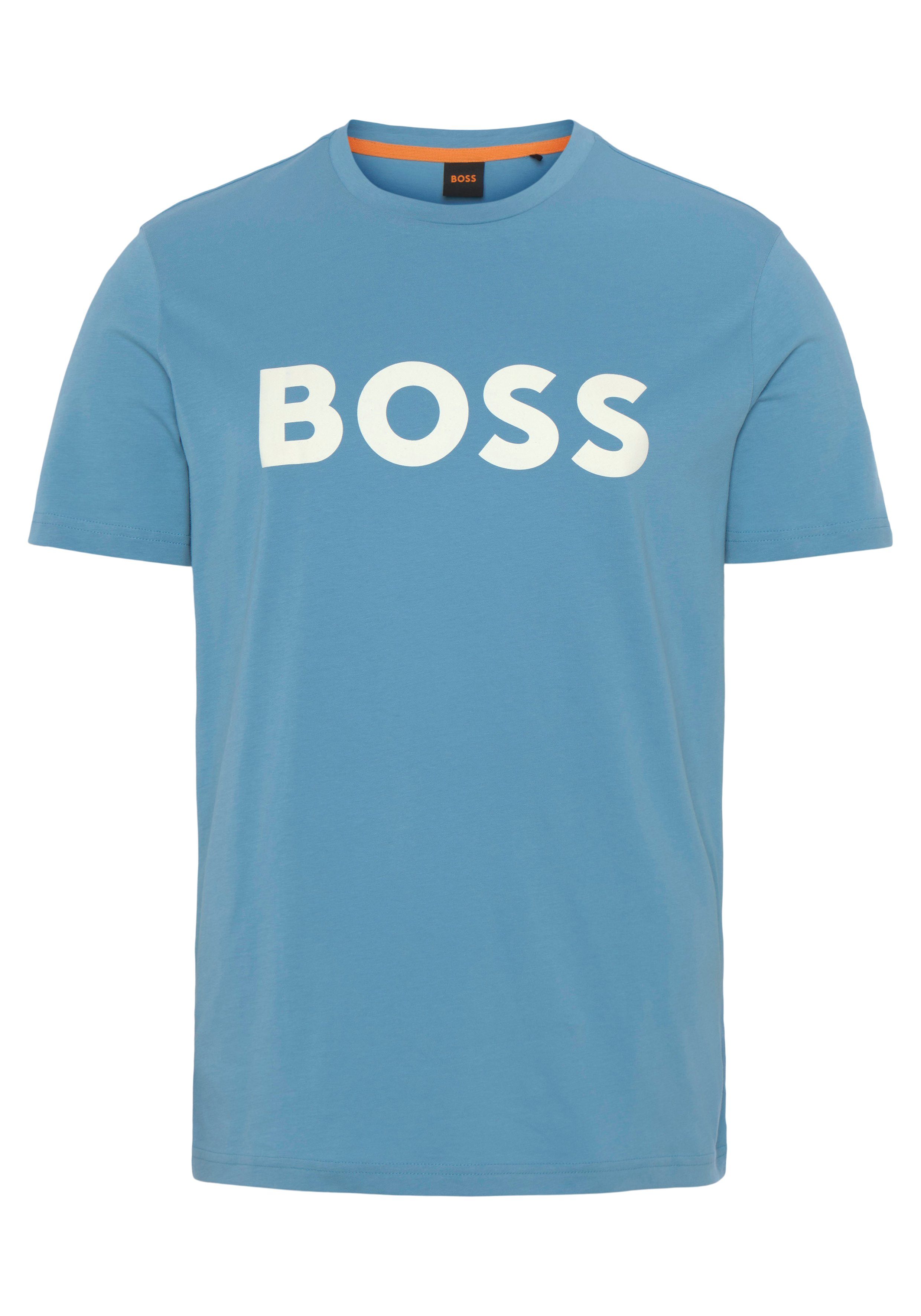 BOSS ORANGE T-Shirt Thinking 1 10246016 01 mit großem BOSS Druck auf der Brust Open Blue 493