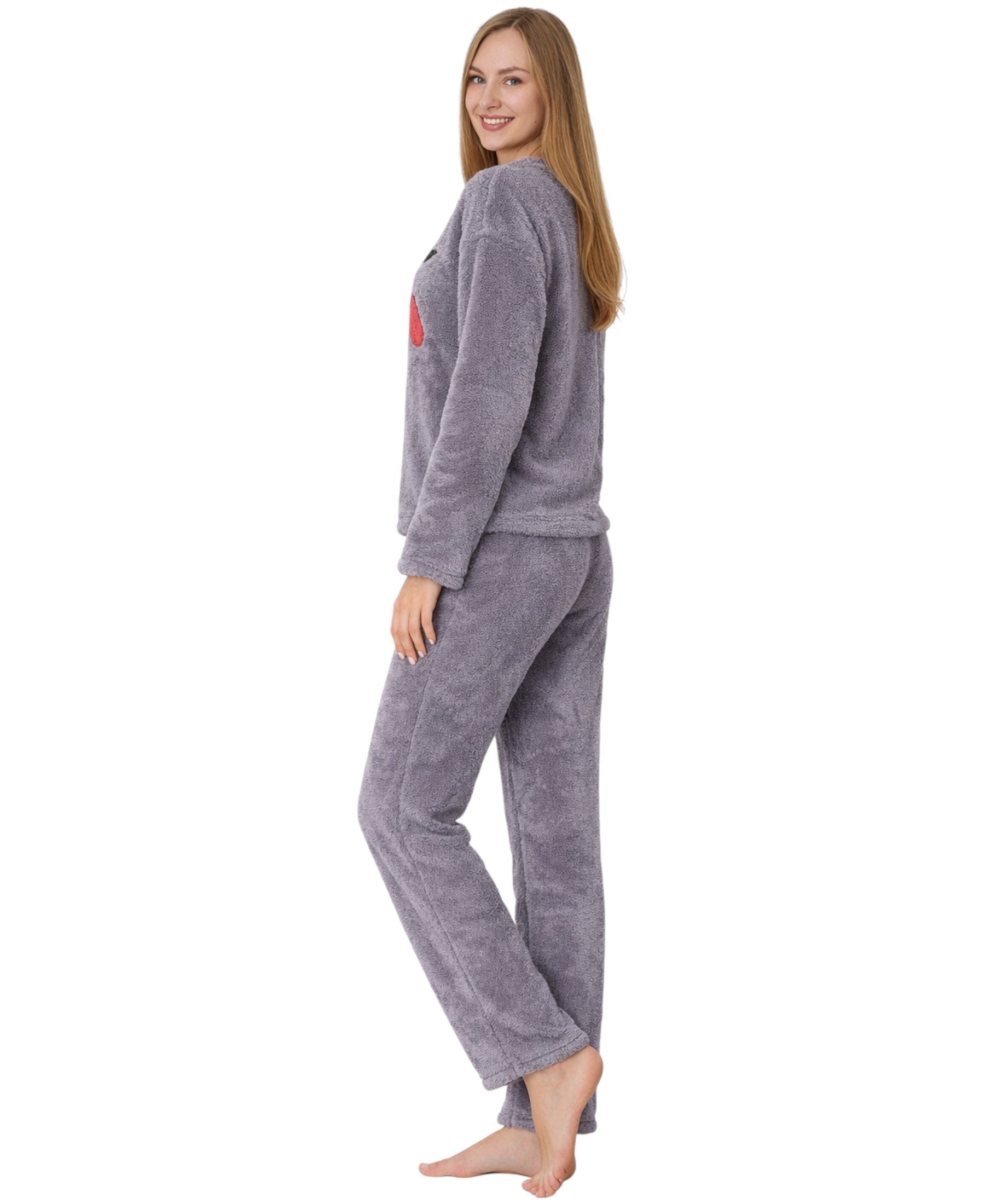 fashionshowcase Hausanzug Damen Winter Pyjama Set aus Plüsch, weicher Zweiteiler (Zweiteiliges Set (Langarmshirt und Hose) Kuscheliger Plüschstoff, modernes Design mit Schriftzug