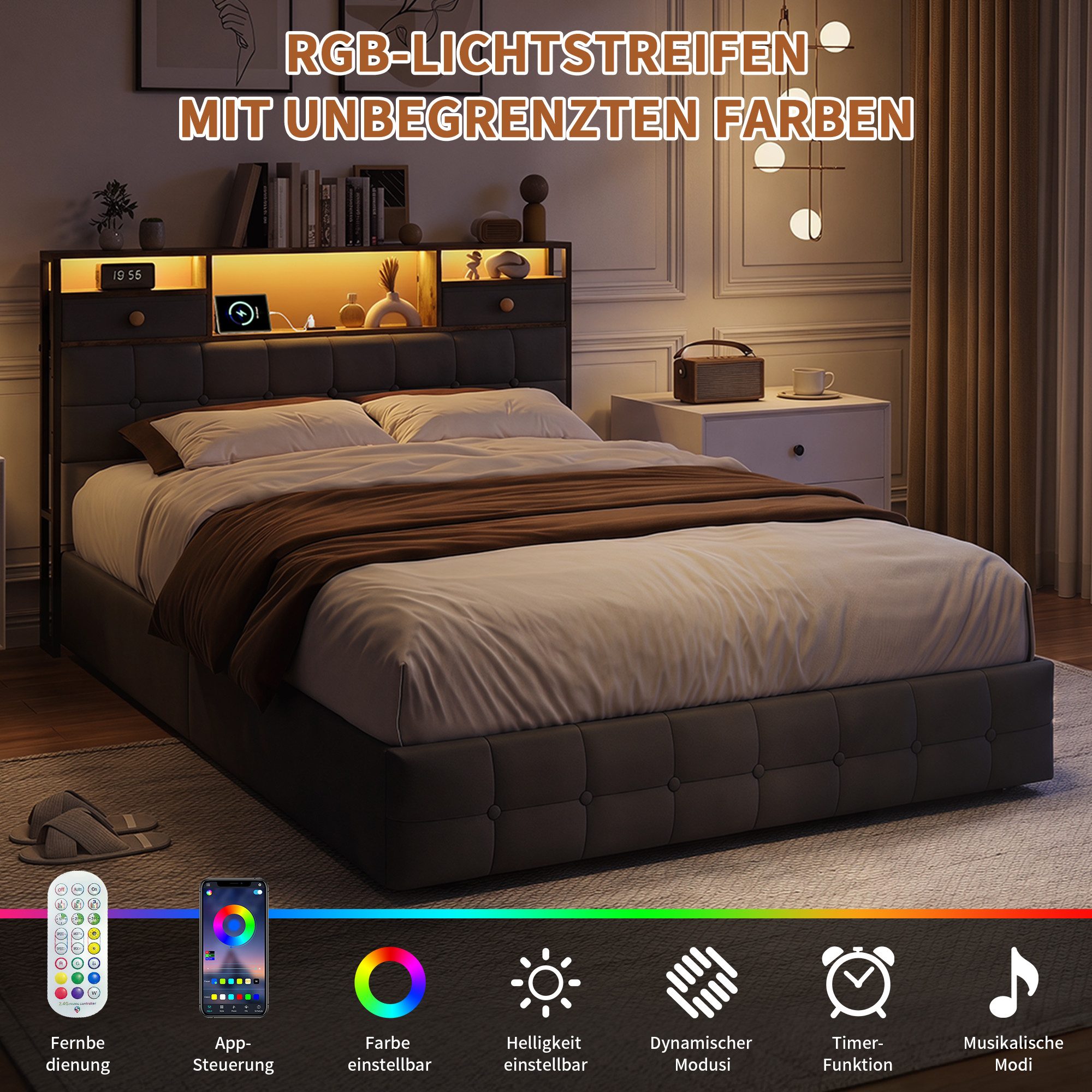 Simurq Polsterbett 140x200cm Stauraumbett mit LED, Ladefunktion und 4 Schubladen (Packung, 1-tlg., Doppelbett Mit Stauraum Kopfteil und Lattenrost), Samt Schubl – Bild 3 von 5