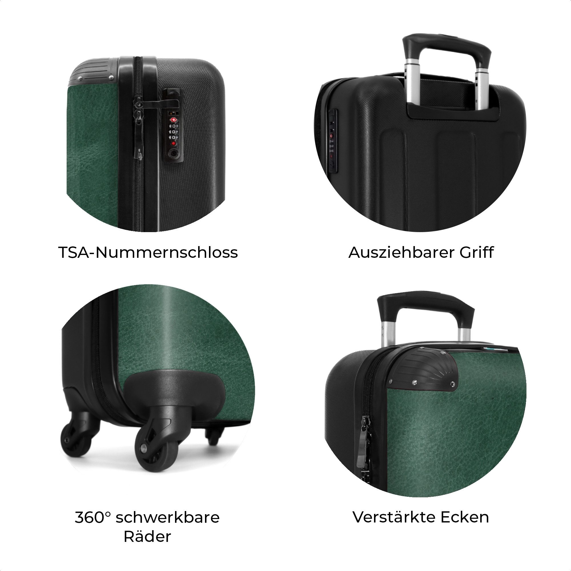 NoBoringSuitcases.com© Hartschalen-Trolley Lederoptik mittelgrün 55x35x20cm, 4 Rollen, Reisetasche mit Rollen, Koffer Handgepäck Flugzeug