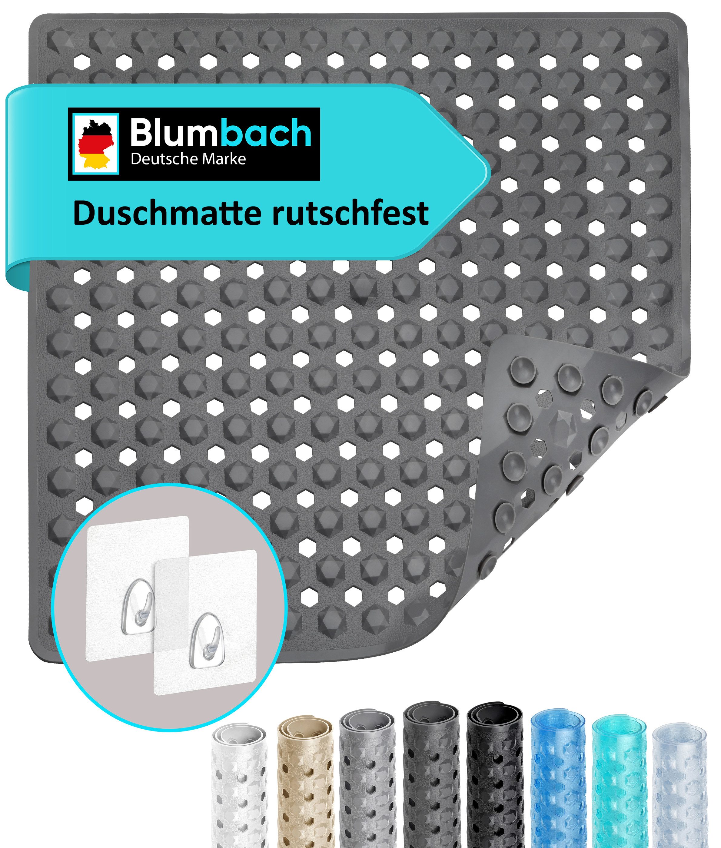 Blumbach Duschmatte - griffige Antirutschmatte Diamant 53 x 53 cm, - 100% BPA-frei, inkl. 2 Haken zum Aufhängen, Duscheinlage, schimmelressisten & maschinenwaschbar