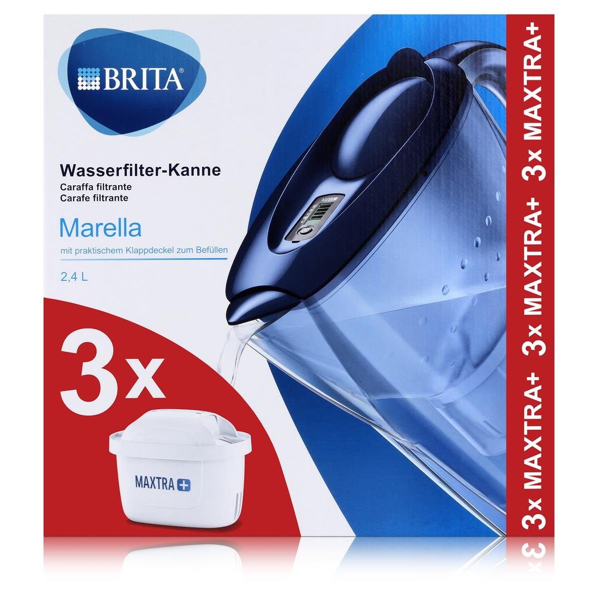BRITA Wasserfilter BRITA Wasserfilter Marella blau 2,4L Starter & 3 Maxtra+ Kartuschen (1