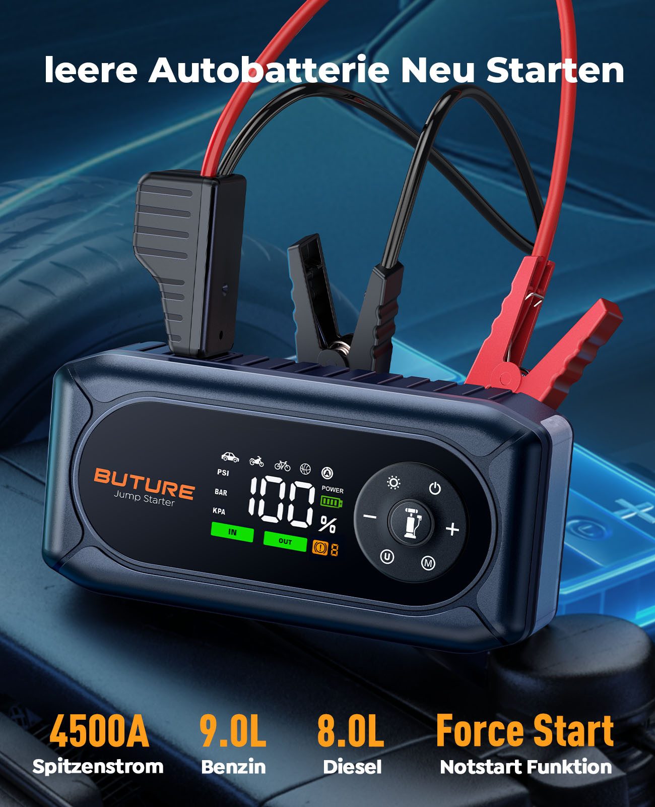 Buture 4500A Starthilfe Powerbank für Pkw mit Kompressor 150PSI, 16800mAh Starthilfegerät 16800 mAh, 4 Modi LED Licht und 3.3'' LCD Display
