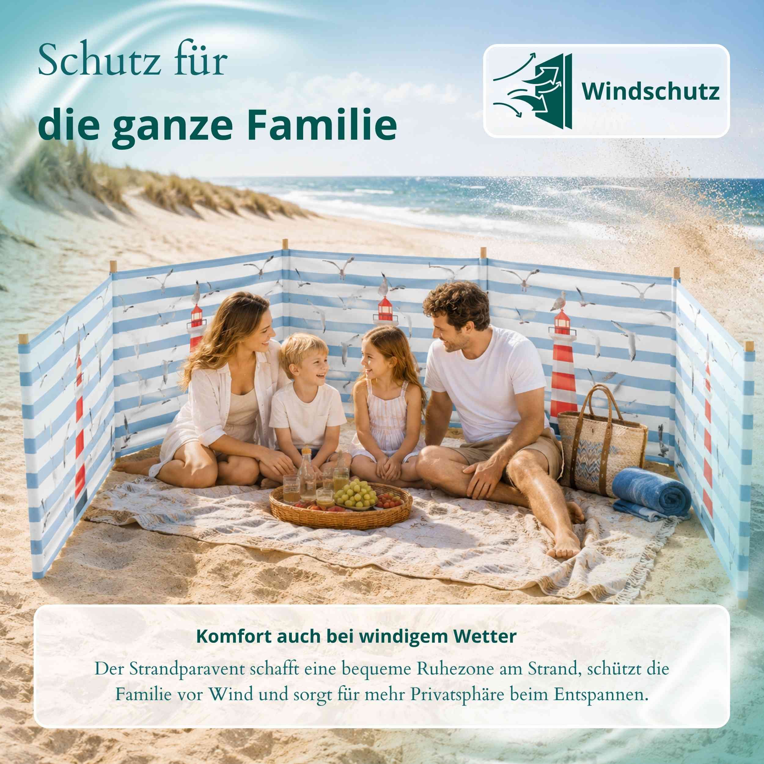 Lantigo Windschutz Sichtschutz Sonnenschutz Strandparavent aus Mikrofaser – portabel, (Leuchtturm, Länge: 4 m), - Faltbarer Sonnenschutz für Strand, Camping & G – Bild 4 von 5