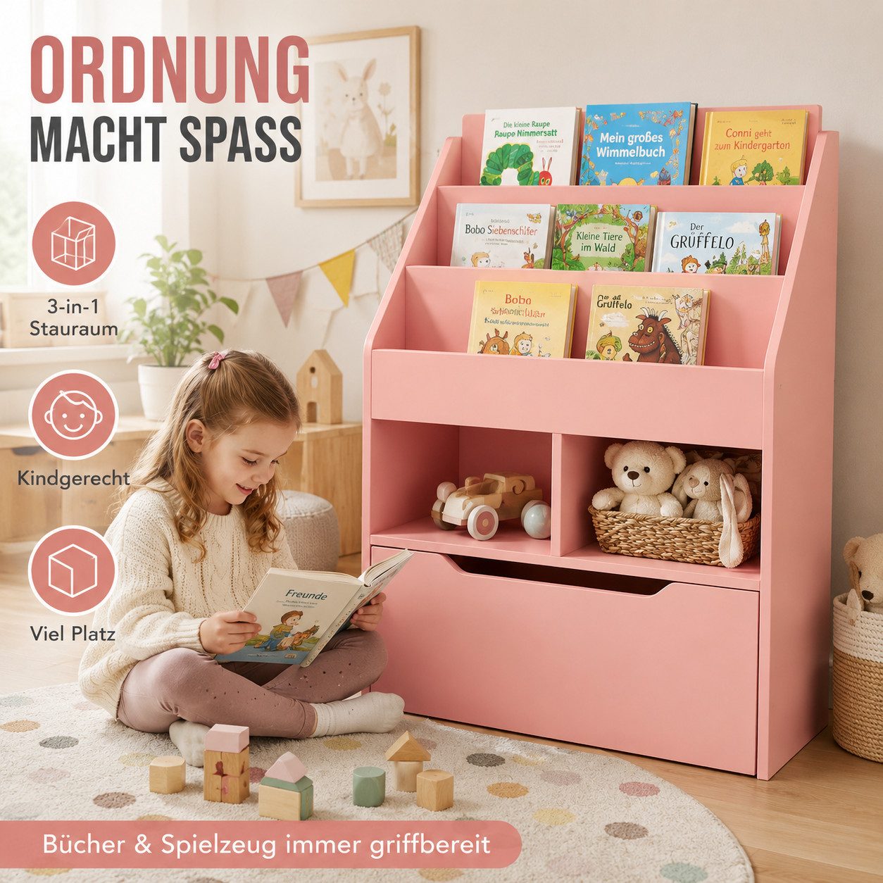 MIBODE Kinderregal Kinder Bücherregal mit Schublade