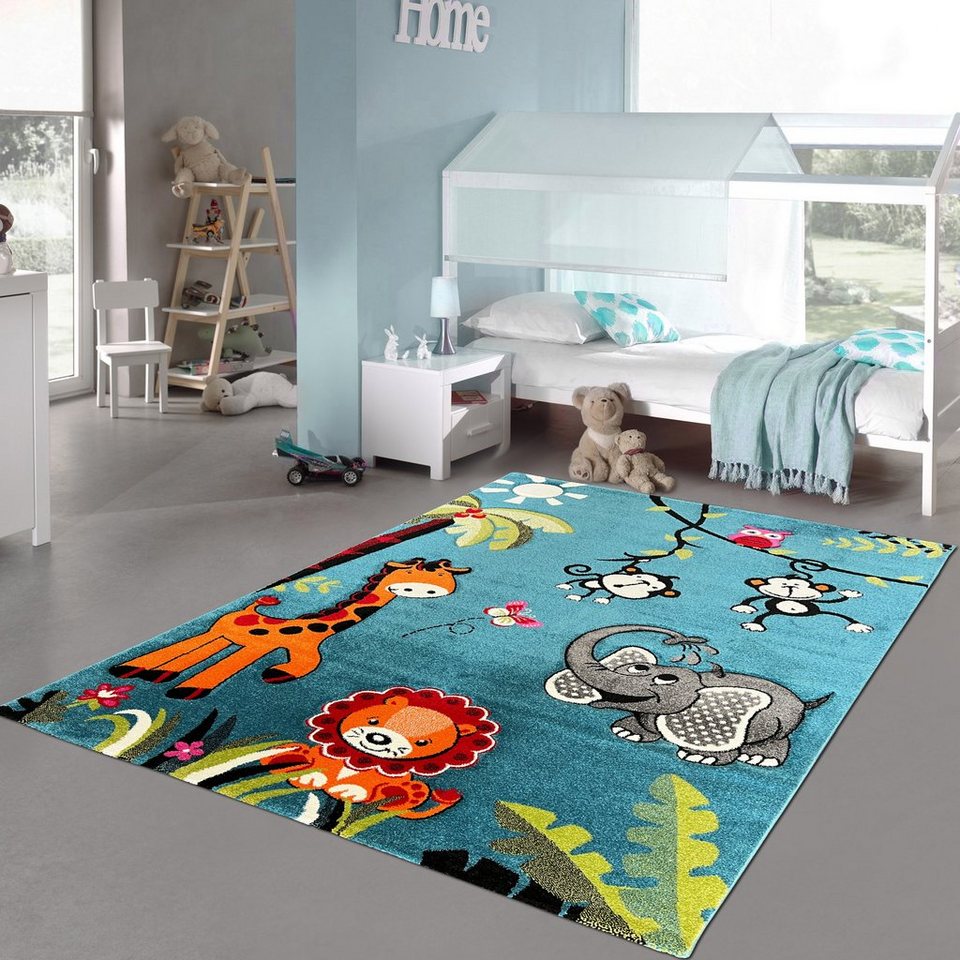 Zootieren bunt, Teppich-Traum, blau Konturenschnitt Kinderzimmerteppich Kinderteppich mit rechteckig in