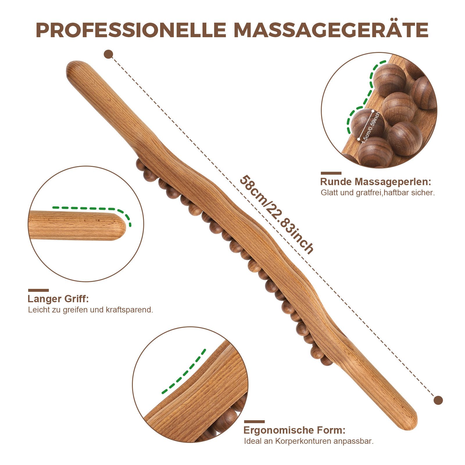 JOYOLEDER Nacken-Massagegerät Gua Sha Wooden Therapy Stab, Massagestab Holz mit 31 Holzmassageperlen, Faszienstab, Massagestab Holz, Ganzkörper Scraping Stick,  – Bild 2 von 5
