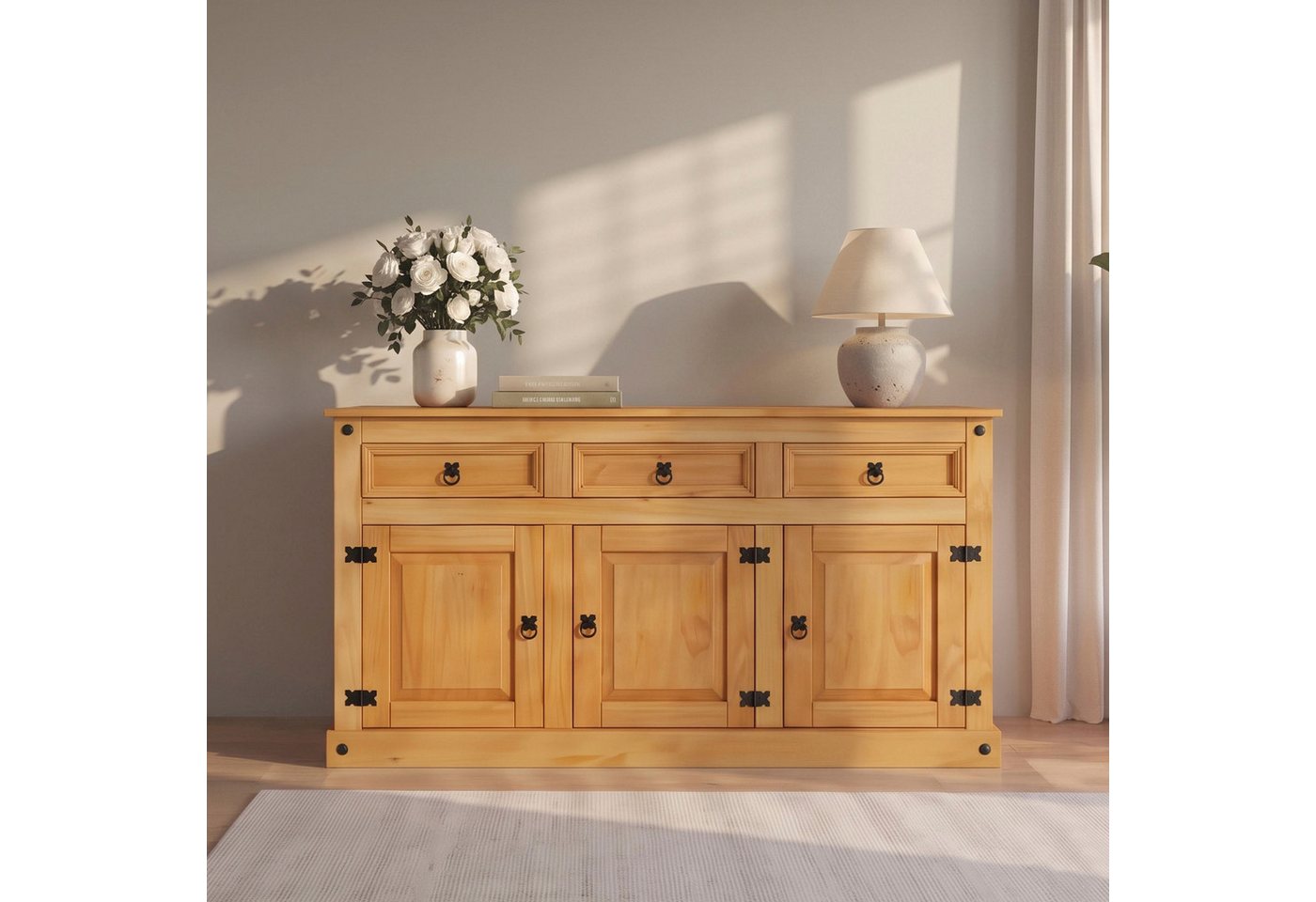 OTTO home Sideboard Mexiko Kommode mit 3 Türen und 3 Schubladen mit Ringgriffen aus Metall, aus massivem Kiefernholz mit variabel …