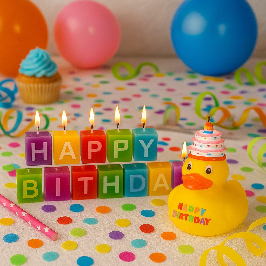 what the shop Geburtstagskerze Happy Birthday Geschenkset – Quietsche-Ente & Kerzenblock 13-tlg., Farbenfrohe Deko für jede Geburtstagsfeier