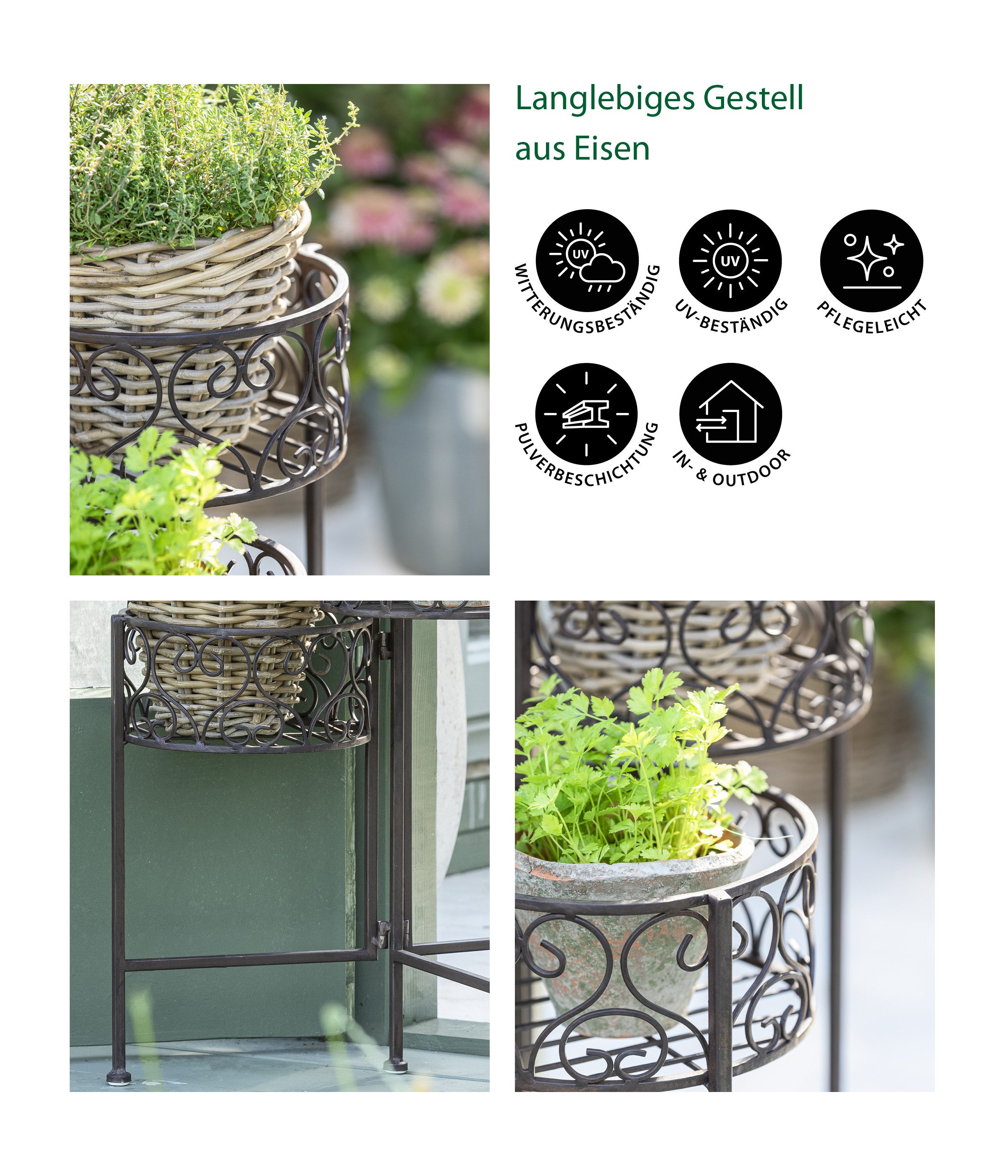 Dehner Blumenständer Blumenhocker Antik, 65 x 49 x 37.5 cm, Eisen pulverbeschichtet, braun, Pflanzentreppe im nostalgischen Design bietet Platz für 3 Pflanzen
