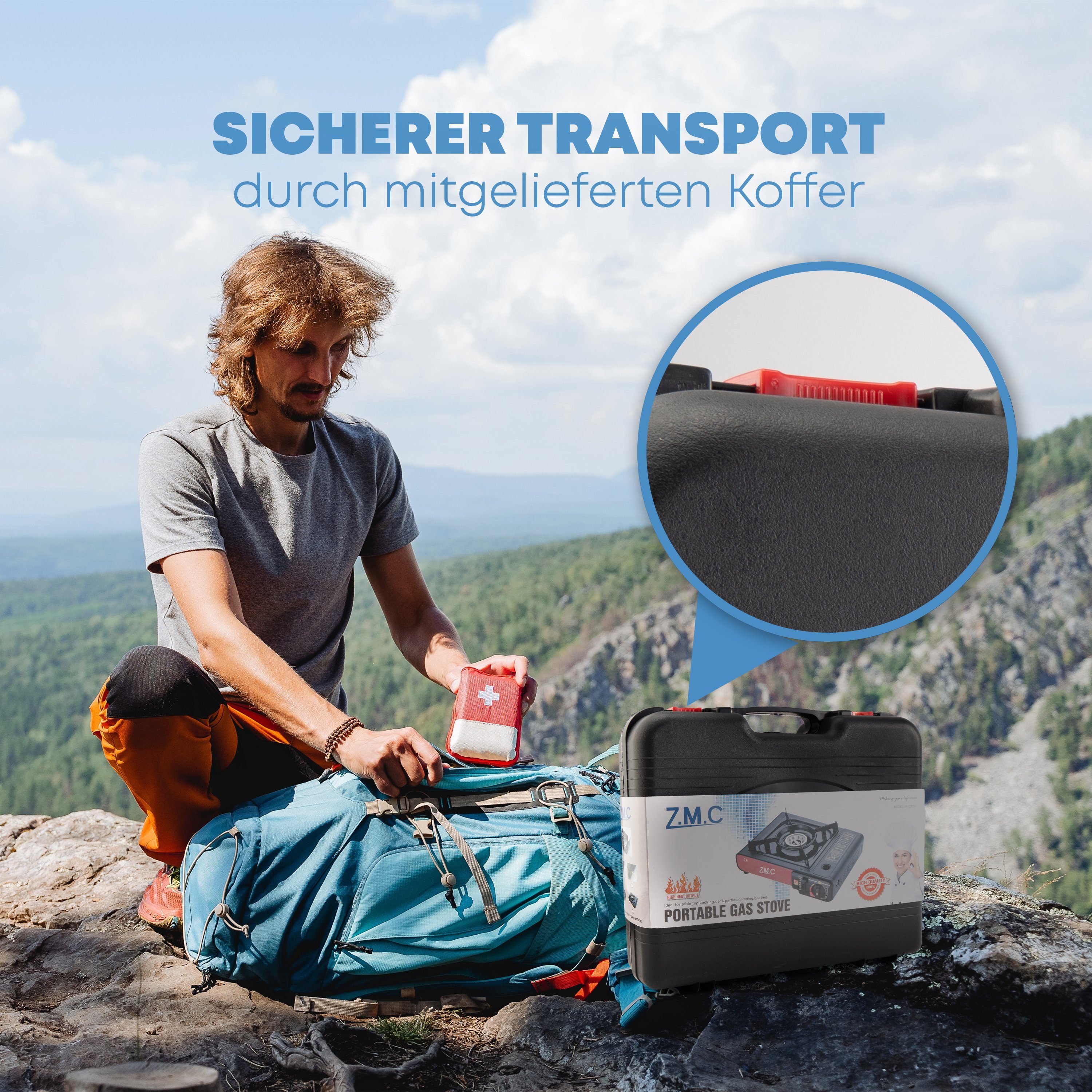 ZMC Gaskocher 2in1 Campingkocher Grillplatte mit Piezozündung + 4x Gaskartuschen, (Grillplatte Tischgrill Transportkoffer Gasbrenner Gasgrill Kochfeld LPG Ansch – Bild 5 von 5