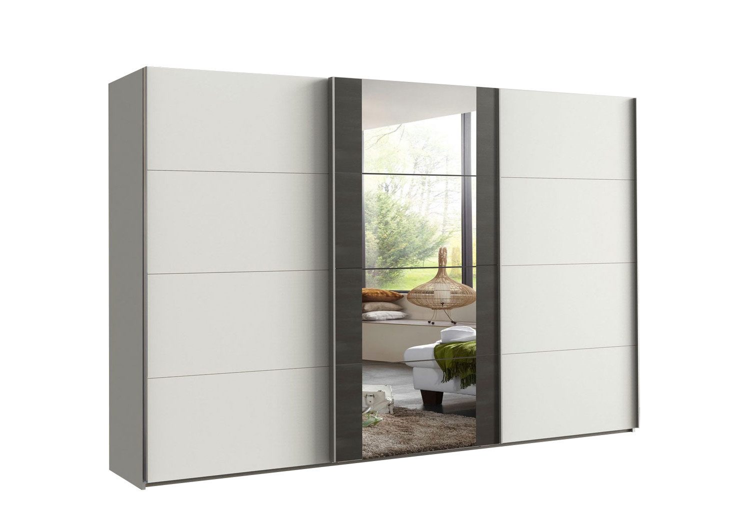Wimex Schwebetürenschrank Bern (3 Türen, Einlegeböden, Kleiderstangen, Spiegel, 1-St., moderne Optik, Metallgriffleisten, mit Spiegel) 360x64x236cm weiß raw steel