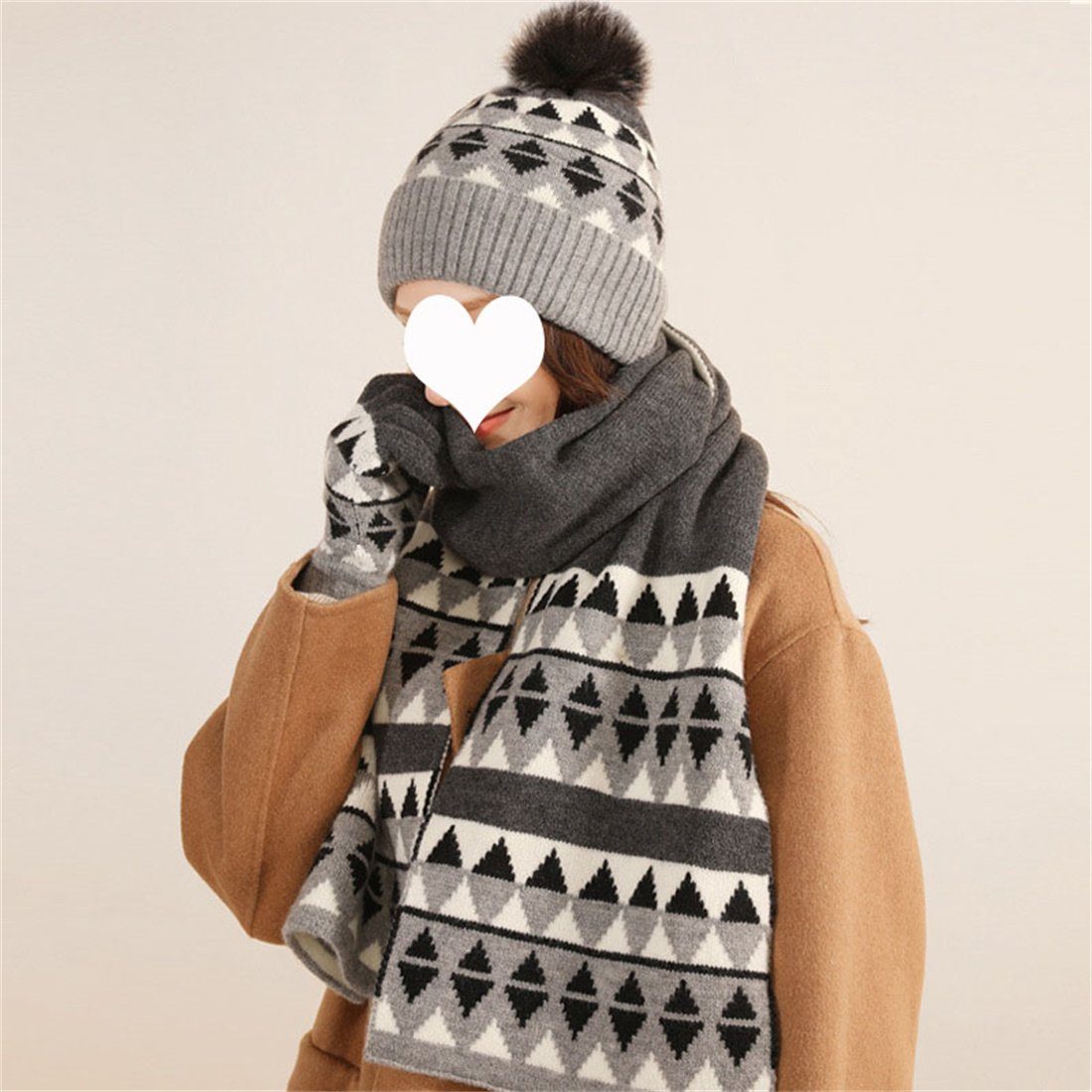 DÖRÖY Strickmütze Winter Warme Mütze + Schal + Handschuhe 3 St., Kälteschutz Warmes Set Schwarz