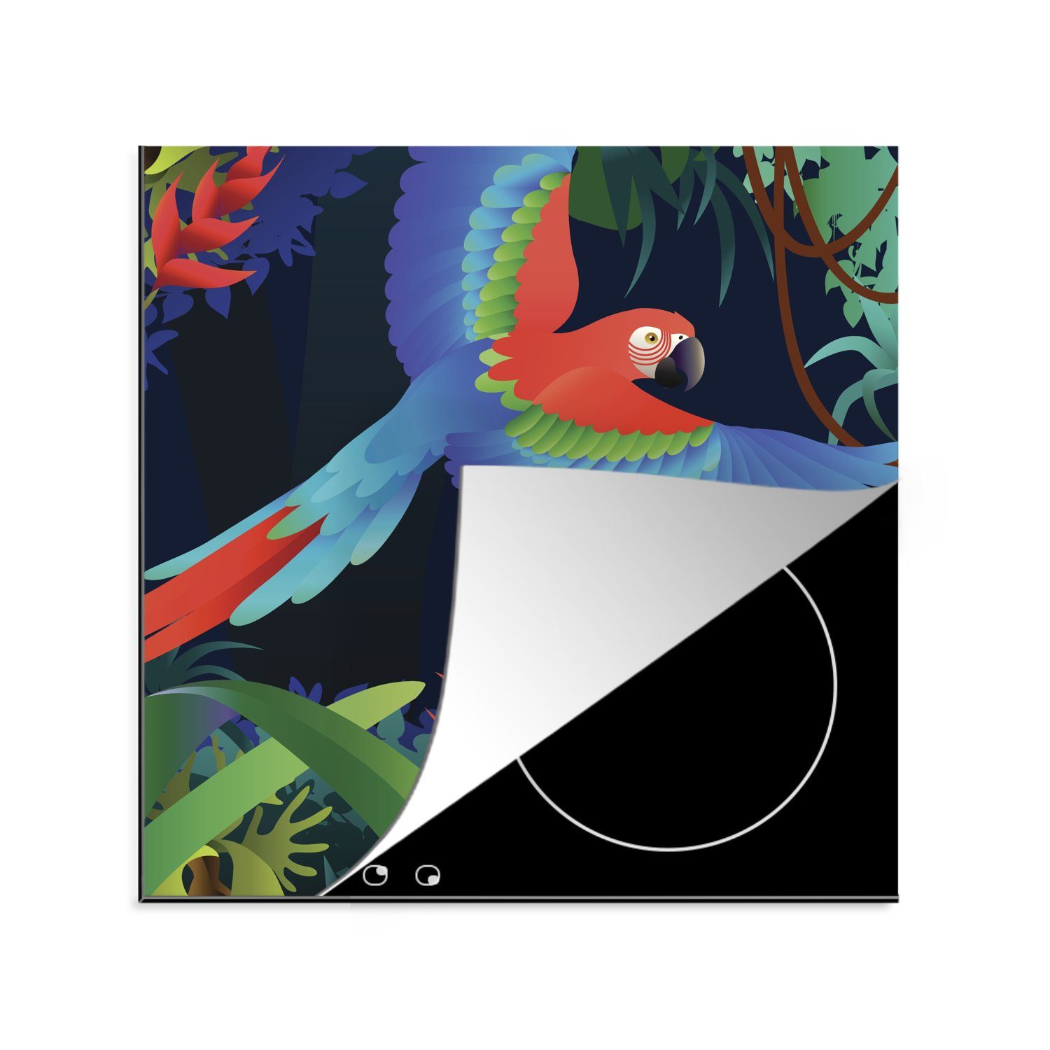 MuchoWow 78x78 für eines Regenwald, Vinyl, Illustration Ceranfeldabdeckung, Papageis Arbeitsplatte cm, tlg), Herdblende-/Abdeckplatte (1 fliegenden küche Eine im