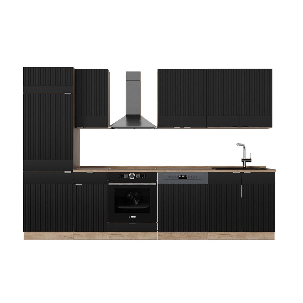 Vicco Küchenzeile Fame-Line, Schwarz gestreift/Goldkraft Eiche/Goldkraft Eiche, 300 c...