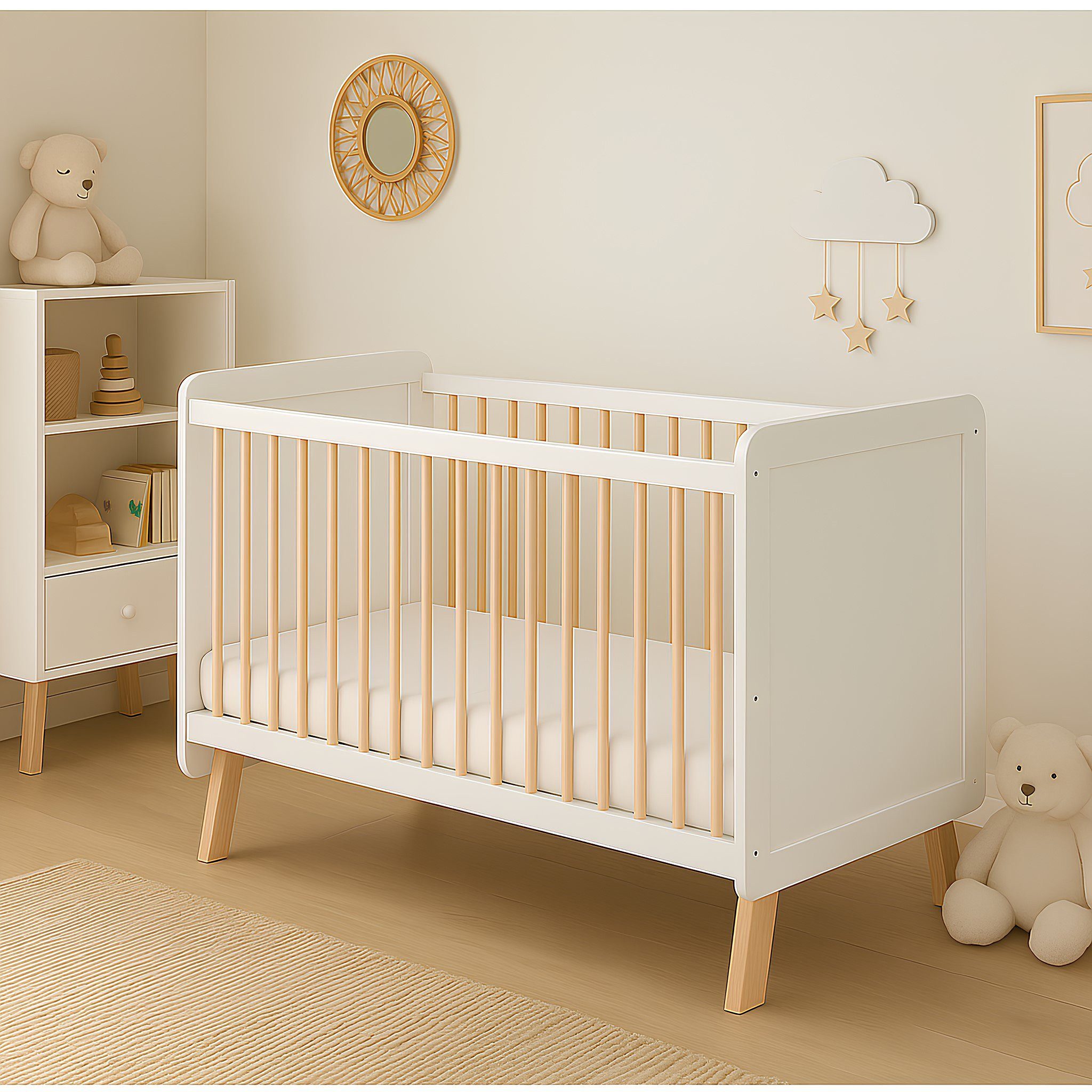 Baby-Delux Babybett Lou Weiß Kiefernholz Schutzgitter, Kinderbett 60x120 umbaubar Matratze