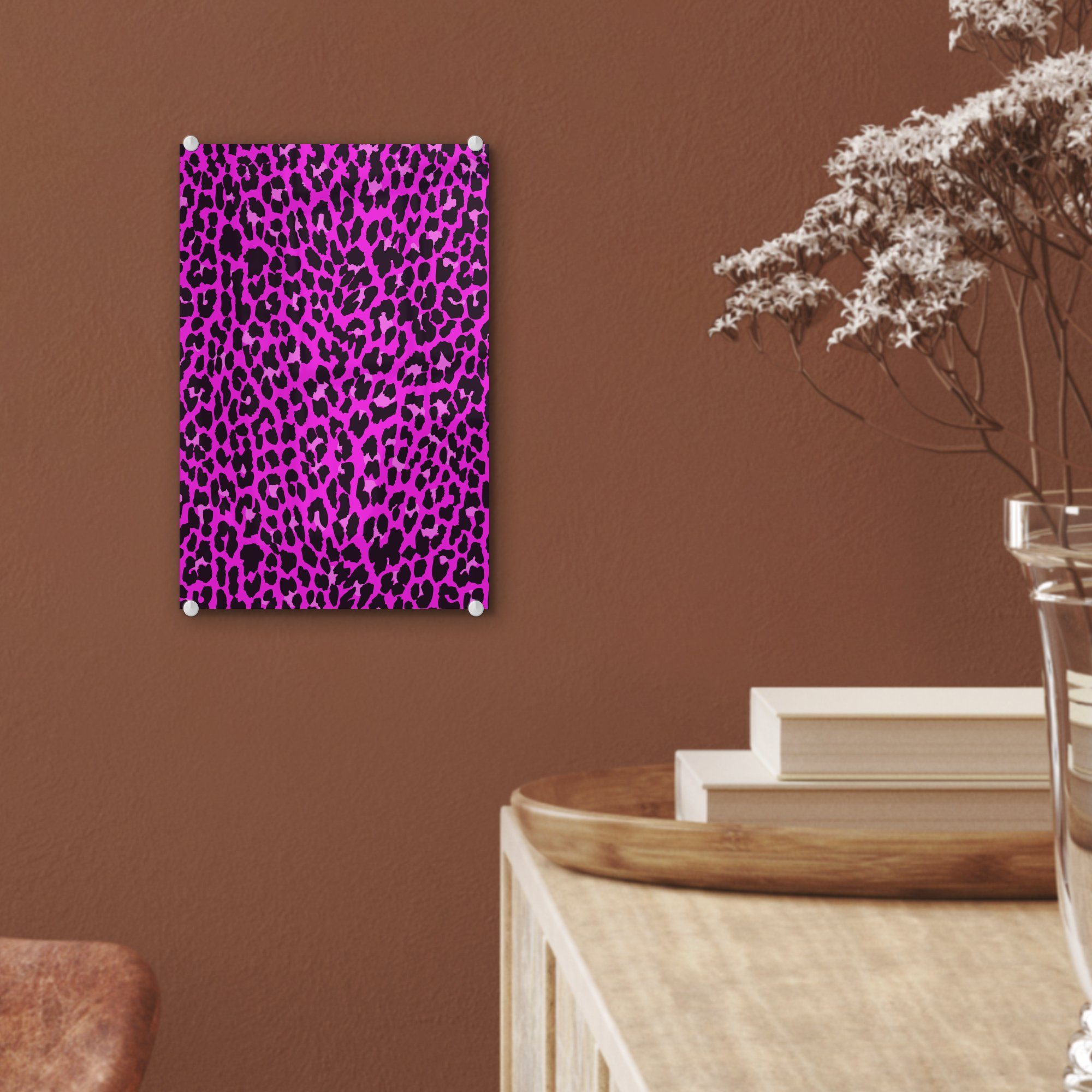 MuchoWow Acrylglasbild Leopard - - - Rosa, Bilder St), auf Pelz (1 Wandbild - Glasbilder Glas Foto auf - Glas Wanddekoration
