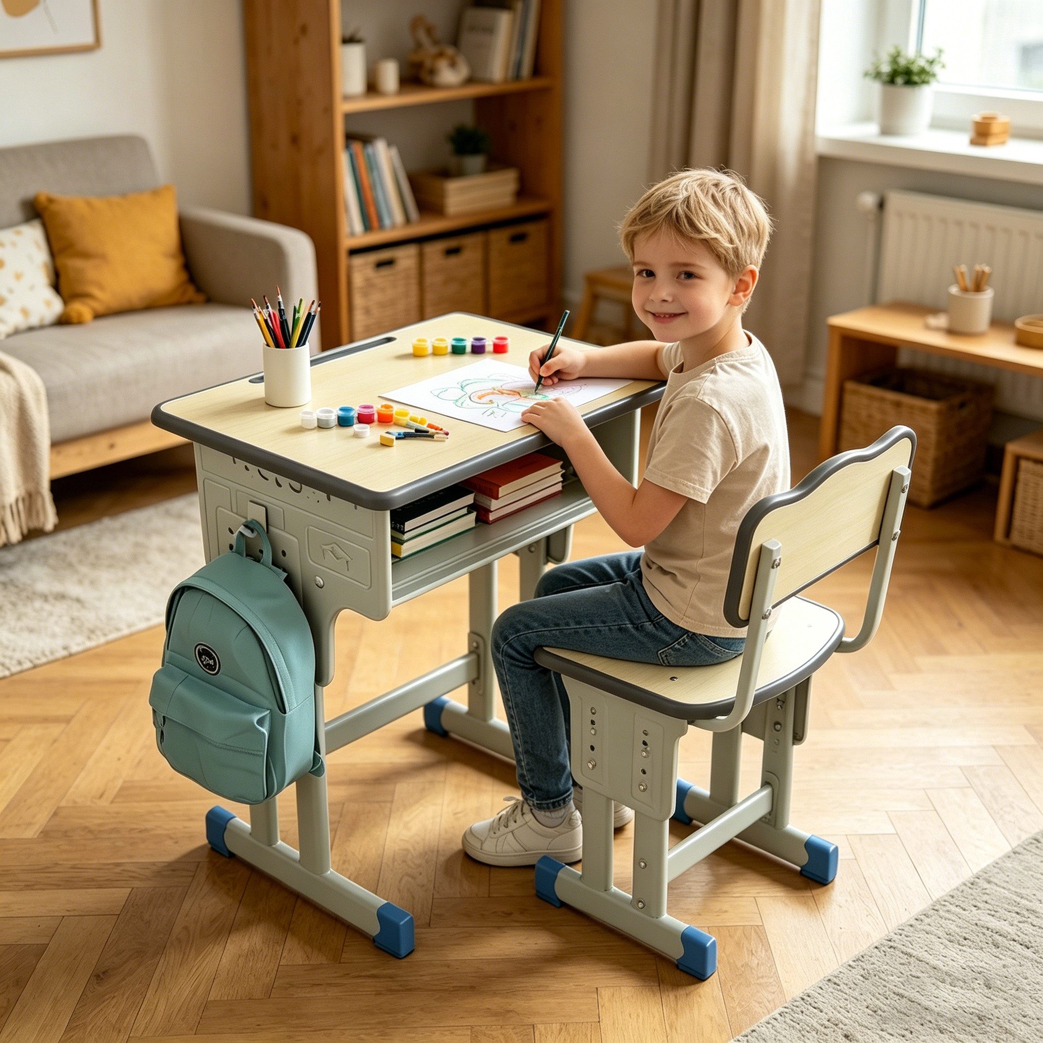 BBG Kinderschreibtisch Höhenverstellbares Kinder Schreibtisch Set mit Stuhl (Ergonomischer Lerntisch 60x40 cm, 4-Stufen Höhenverstellung, Ein Tisch, ein Stuhl), – Bild 3 von 5