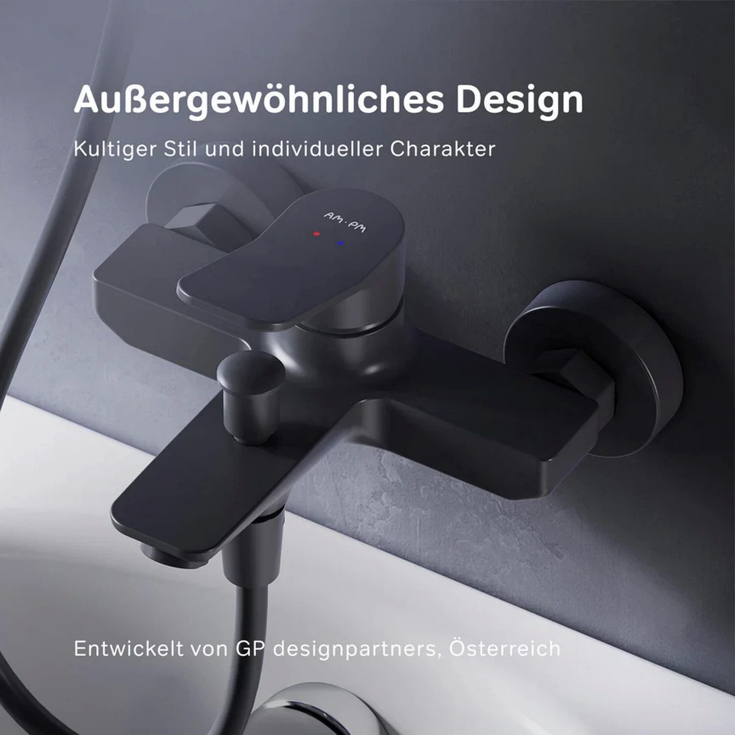 AM.PM Badarmatur Bad Armatur Wannenarmatur X-JOY Mischbatterie Wasserhahn Badewanne (Badezimmerarmatur Badewannenarmatur mit Duschschlauchanschluss schwarz, Einhebelmischer mit Auslauf) inkl. 2 x Abdeckrosetten