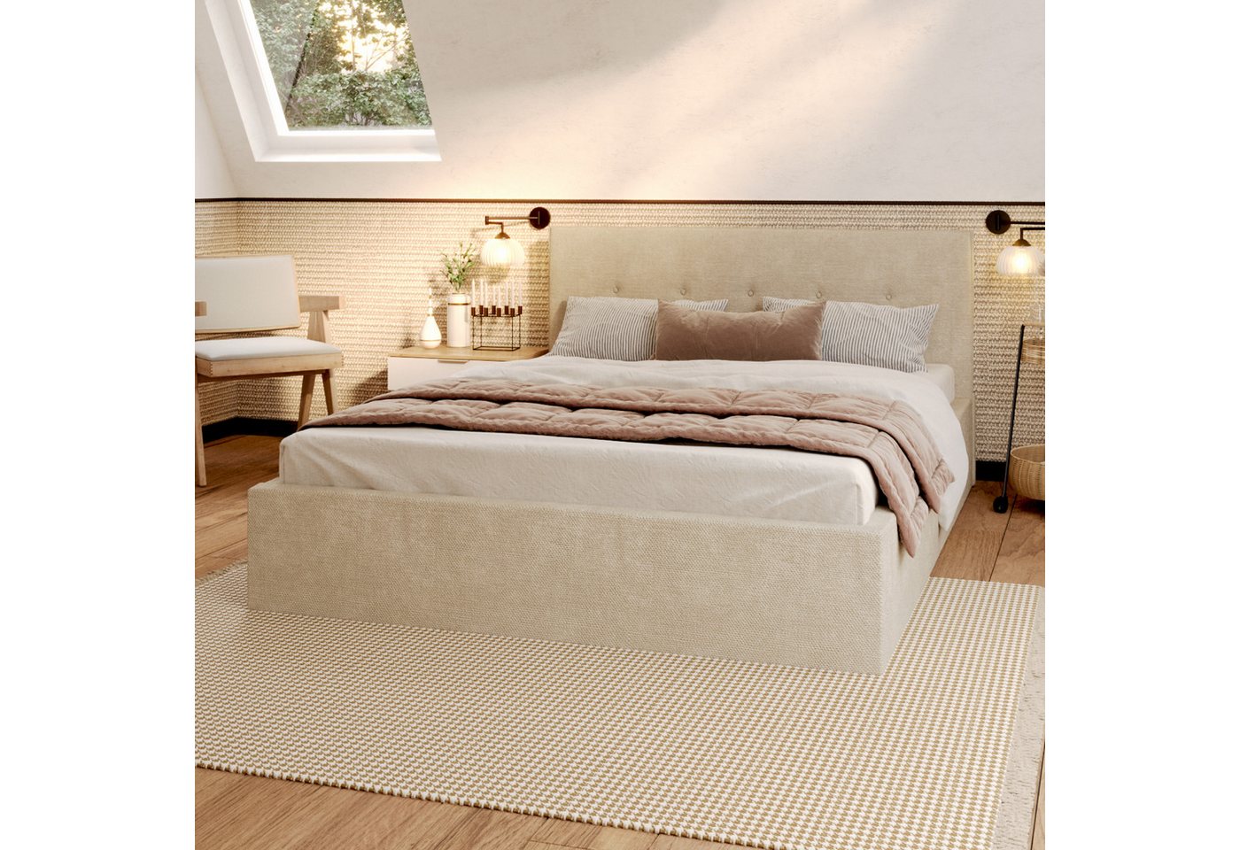 FDM Polsterbett BOHO Bettgestell 90x200, 120x200, 140x200, 160x200, 180x200cm (Polsterbett modern mit Bettkasten MADE IN EU - mit hochwertigem Ottawa Bezug, verfügbar 90x200 120x200 140x200 160x200 180x200cm, Bettrahmen, Bett, mit großen gepolsterten Kopfteil, mit Bettkasten zum aufklappen, Hebbarer Metallrahmen, Bettkasten, ohne Matratze), Hebbarer Metallrahmen, Bettkasten, ohne Matratze