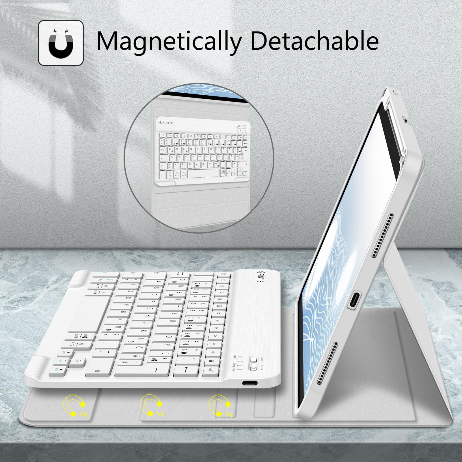Fintie Tablet-Hülle für iPad 11. Generation 11" 2025(A16), iPad 10. Generation 2022 10.9", Case mit Pencil Halter, magnetisch Abnehmbarer Tastatur(QWERTZ Layout)