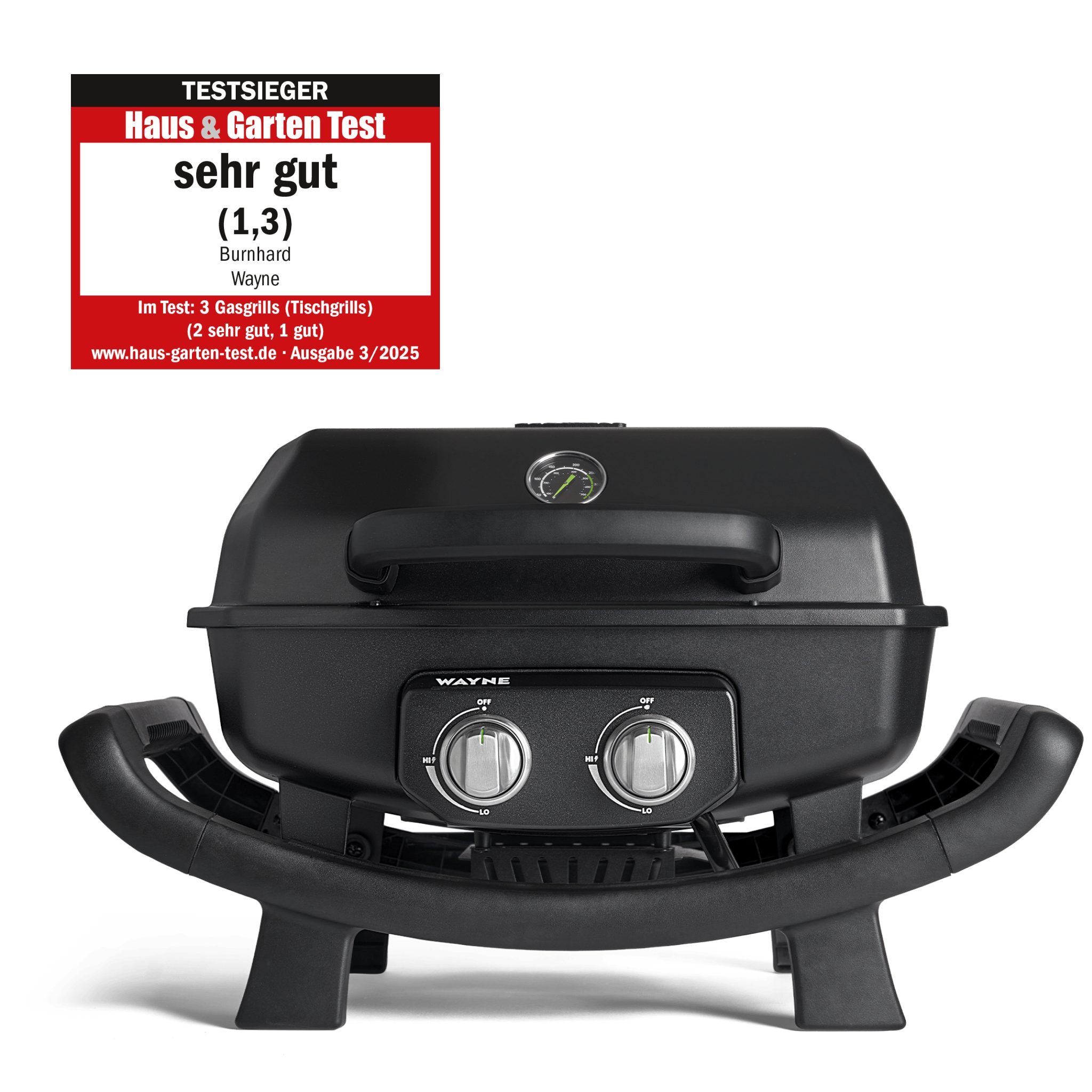 BURNHARD® Gasgrill 2-Brenner WAYNE 4,4 kW, Tragbarer Balkongrill, Tischklein mit Aludruckguss Brennkammer inkl. Abdeckhaube, Gusseisen Grillrost, #944219