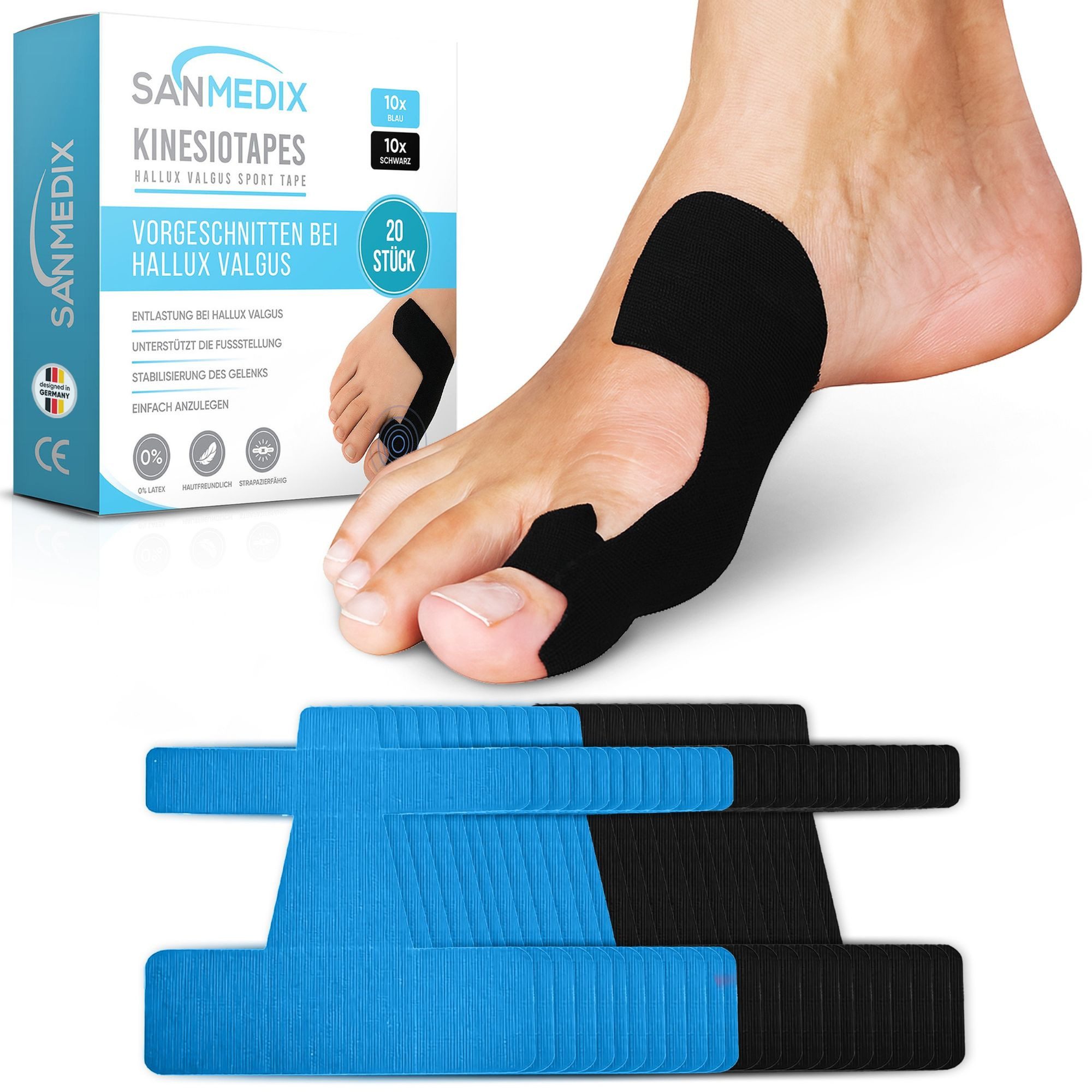Sanmedix Kinesiologie-Tape Hallux Valgus Precut Kinesiotapes Vorgeschnitten bei Ballenzeh, atmungsaktiv, hautfreundlich, latexfrei