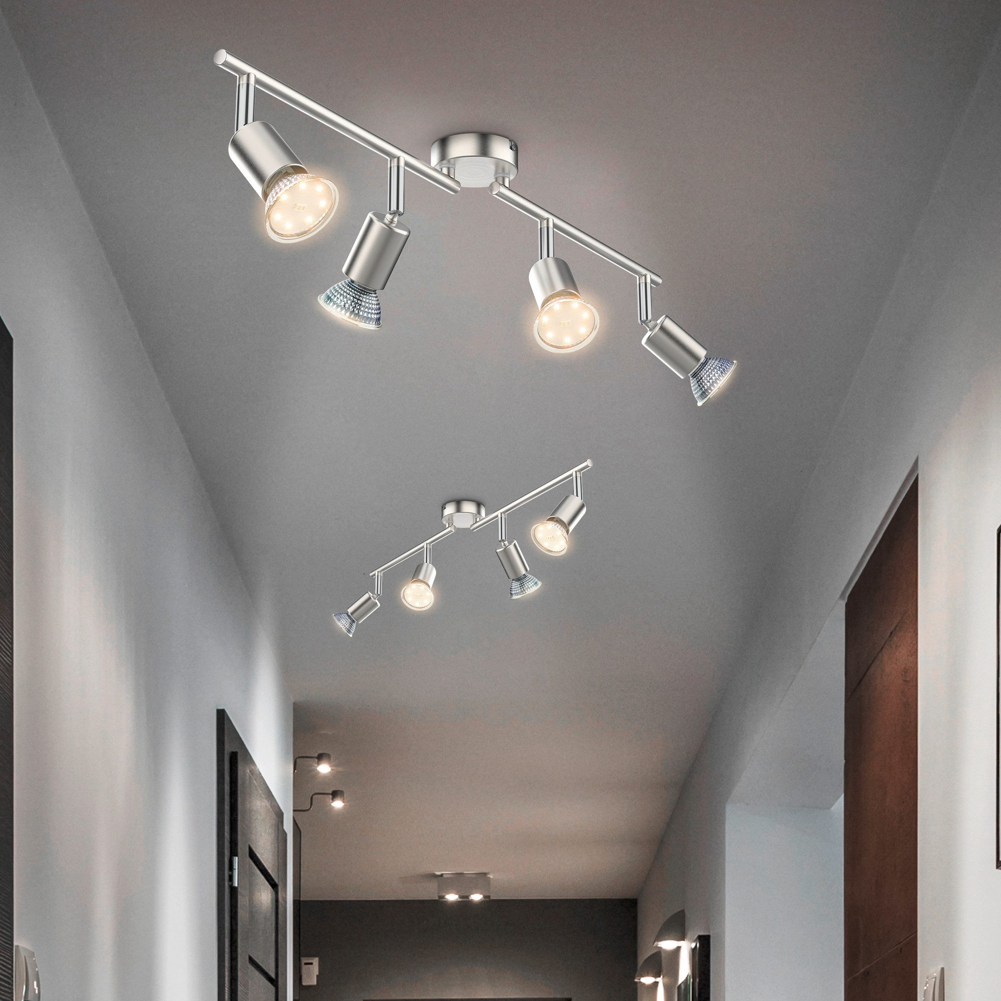 B.K.Licht Deckenleuchte LED Deckenlampe Wohnzimmer Küche Bad 60 cm 4-flammig GU10 12W 1000lm, LED wechselbar, 3000K - Warmweiß, 4er Deckenstrahler Spot schwenkbar & drehbar Messing silber - BKL1024