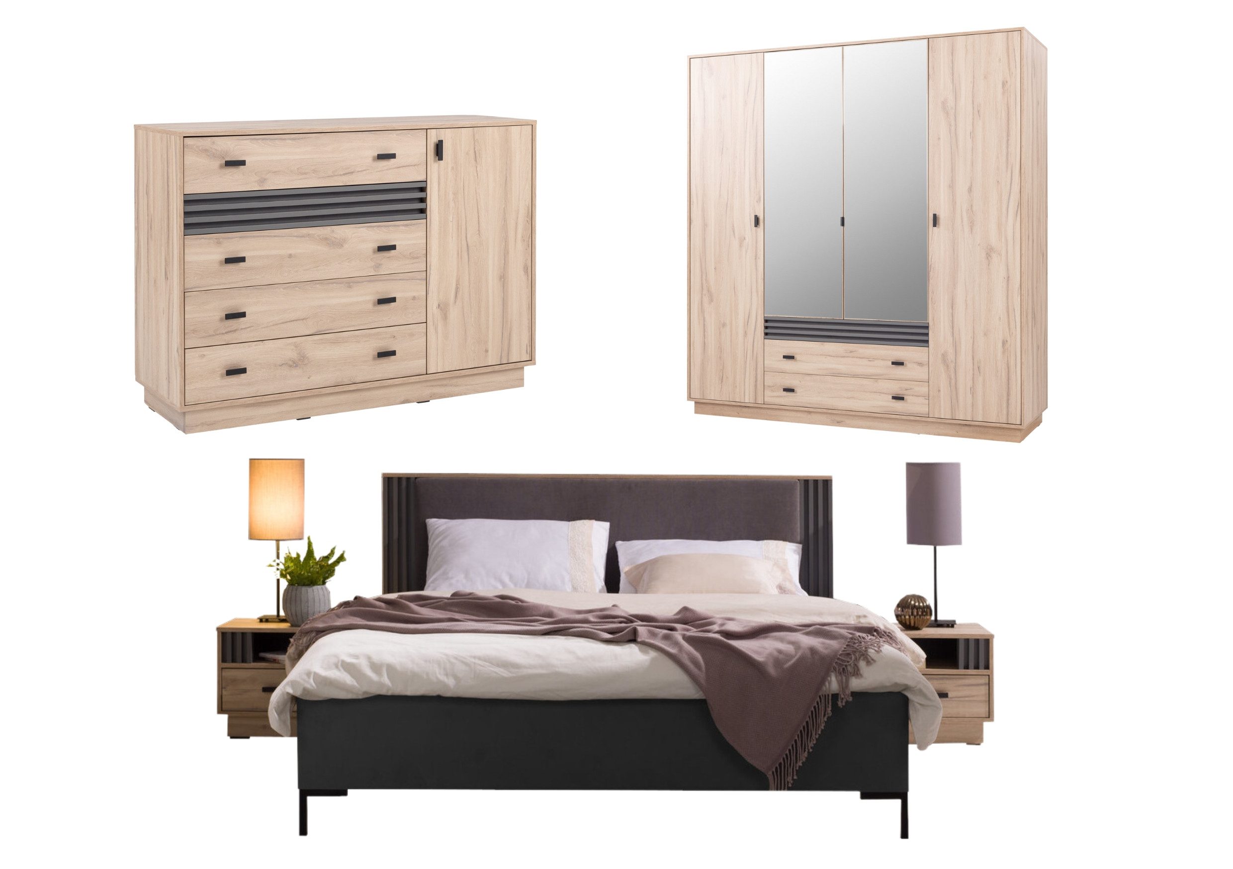 Deine Möbel 24 Komplettschlafzimmer ALL I Schlafzimmer-Set mit Lamellen, (Set Matratze H4 optional, 5-tlg., Set), Kleiderschrank 2 Nachttische Kommode Doppelbett 160x200